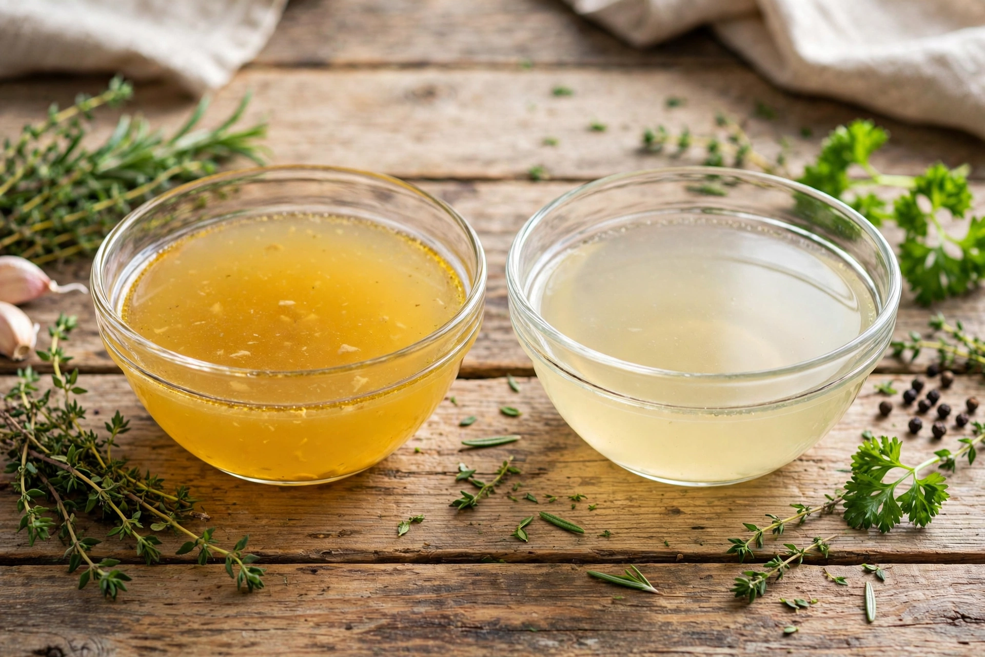 Two glass bowls of golden chicken stock and pale chicken broth on a wooden table with fresh herbs