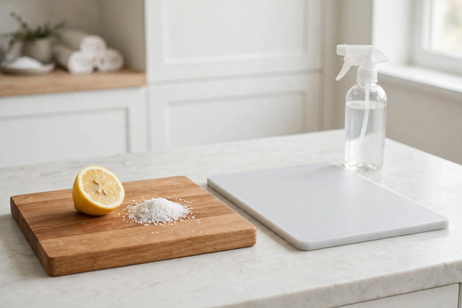 A wooden cutting board with a lemon half and coarse salt beside a white plastic board and a spray bottle