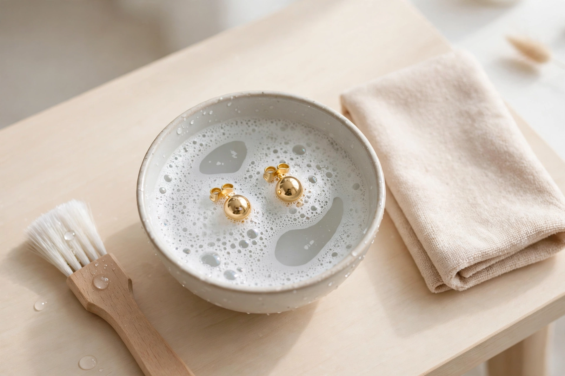 Gold stud earrings soaking in a small bowl of soapy water beside a soft brush and a cloth