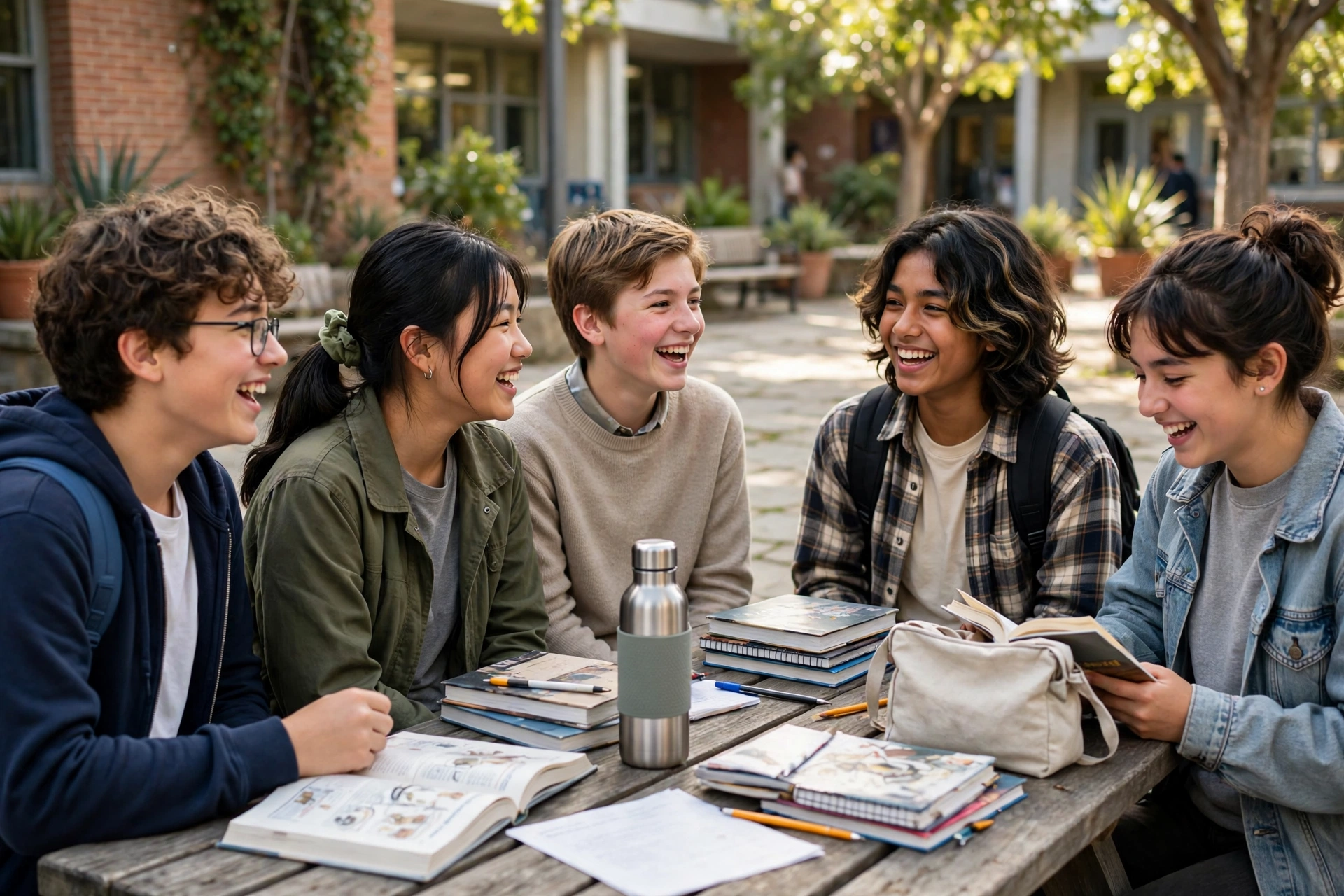 School students chatting and laughing together in a bright school courtyard with books