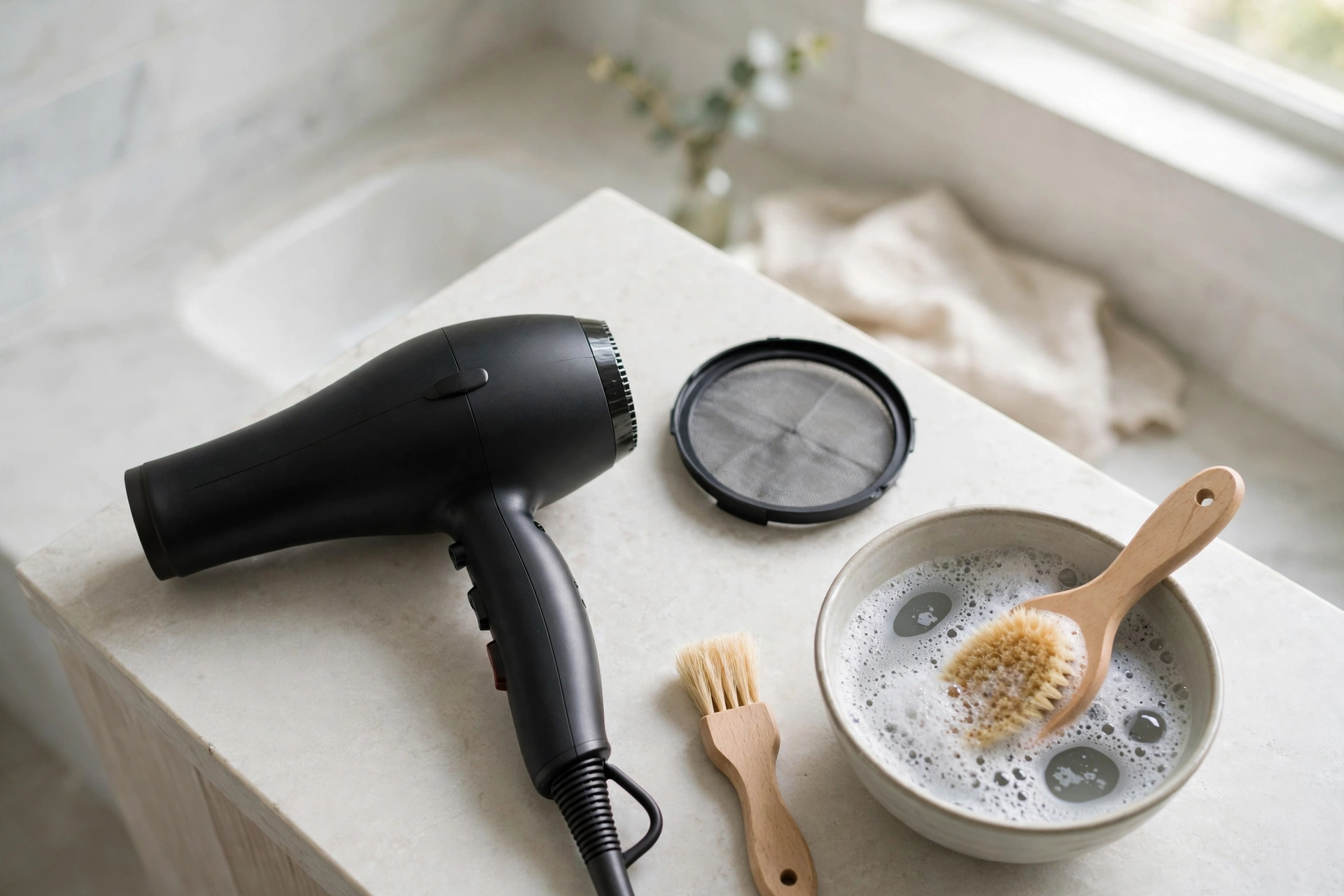 A black hair dryer beside its removed rear filter cover, a soft brush and a bowl of soapy water
