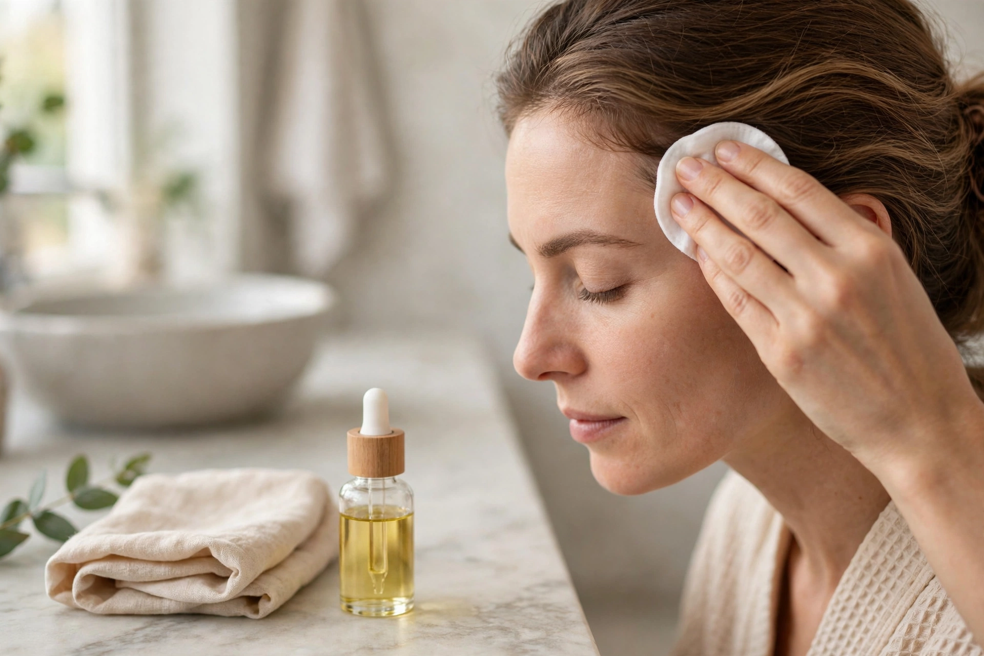 A cotton pad gently wiping hair dye from skin near the hairline beside a bottle of oil