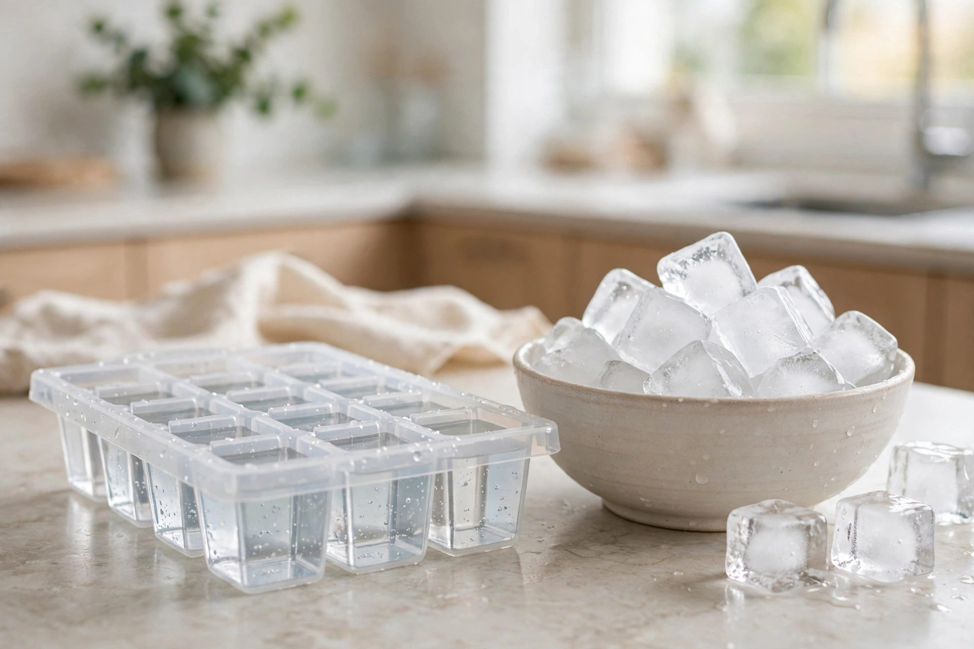 A clear ice cube tray filled with water beside fresh ice cubes in a bowl in a bright kitchen