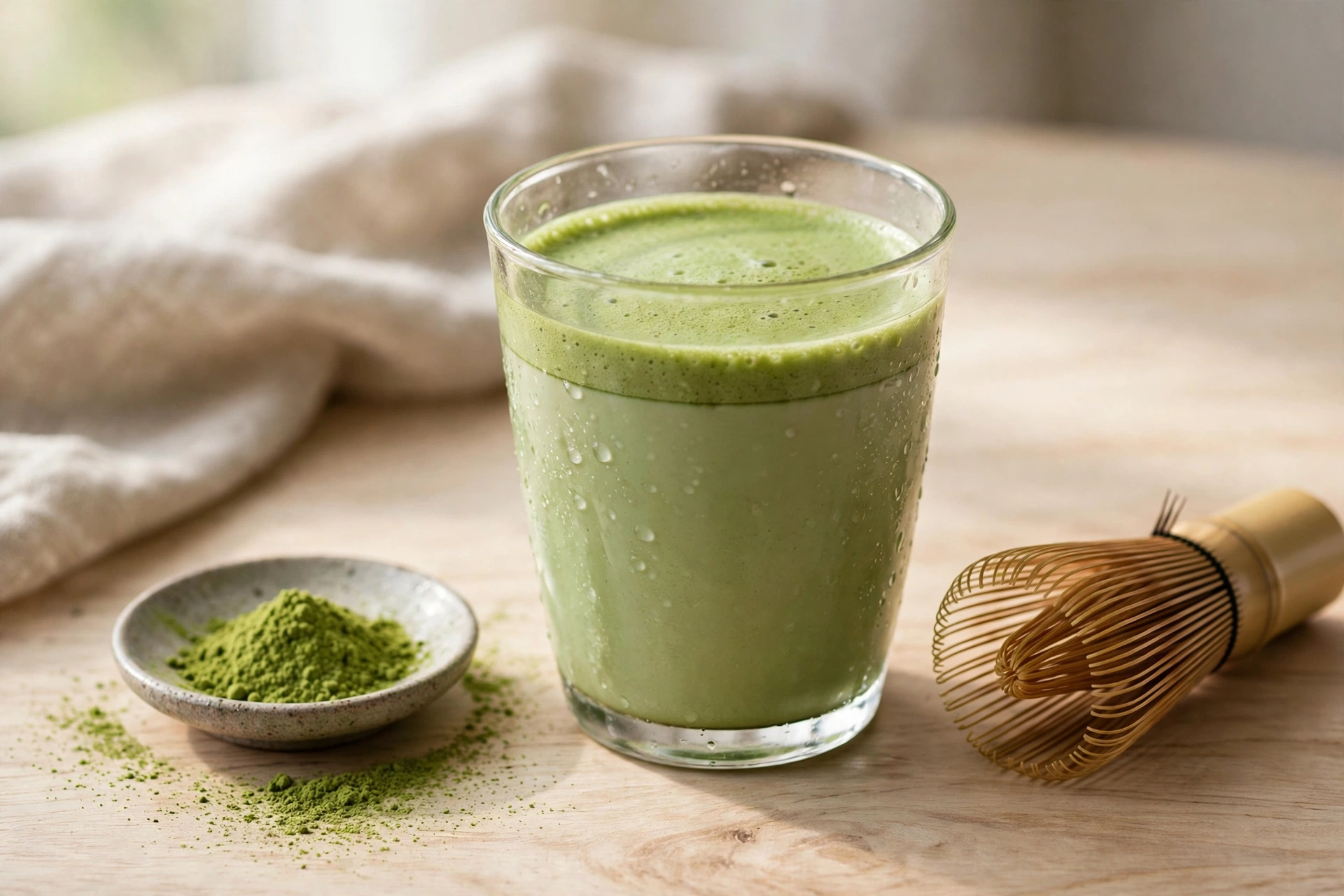 A green matcha latte in a glass beside matcha powder and a bamboo whisk