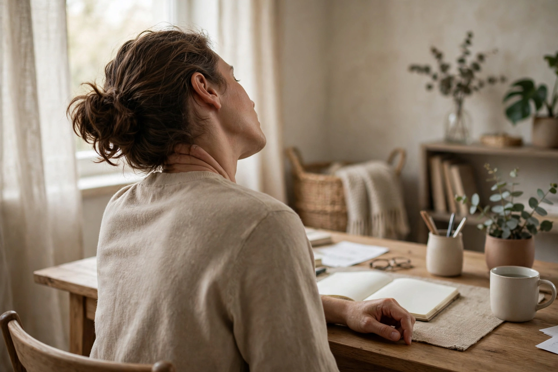 A person gently stretching their neck at a desk in a calm, bright home office