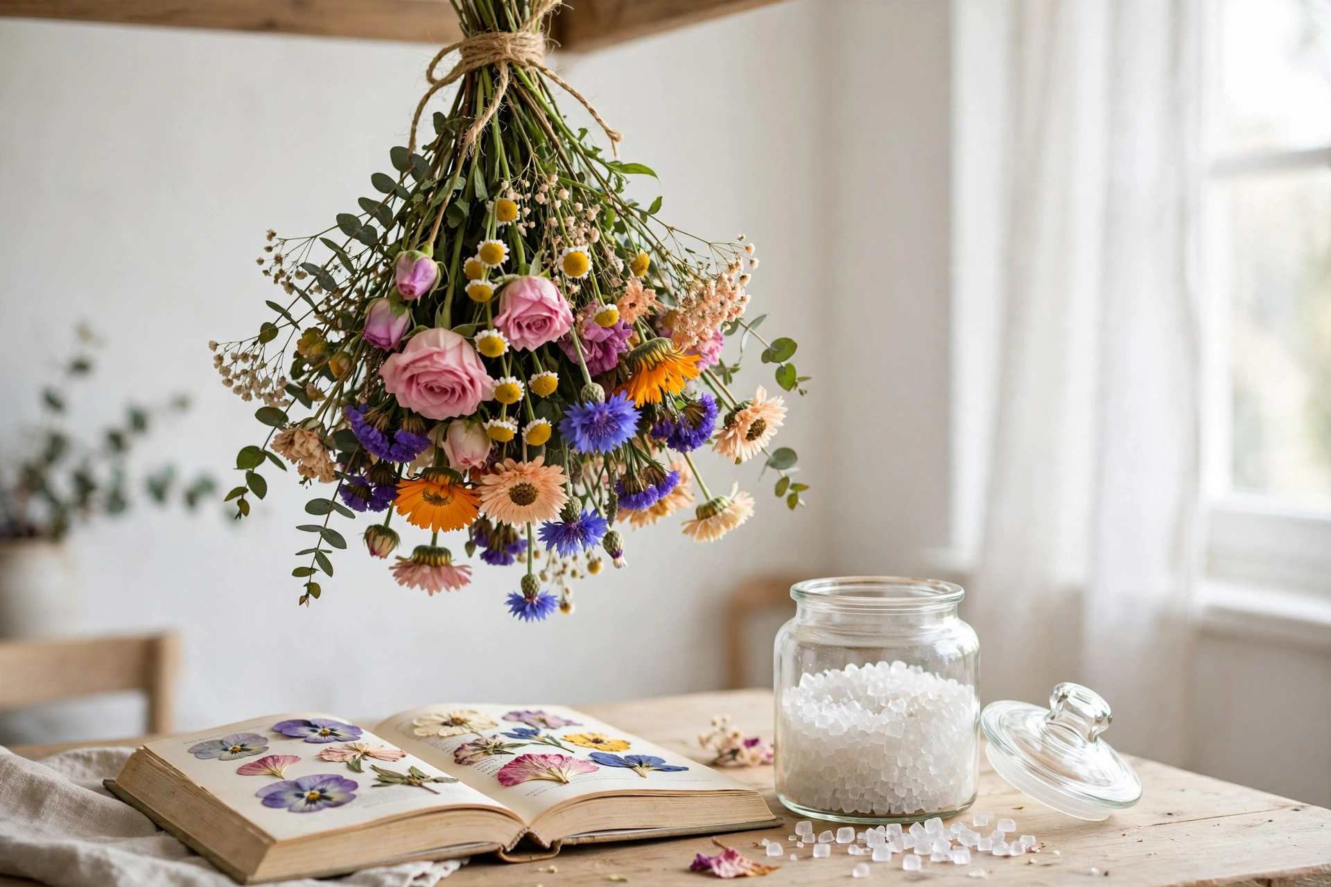 A colourful flower bouquet hanging upside down to dry above a table with pressed flowers and a jar of silica gel
