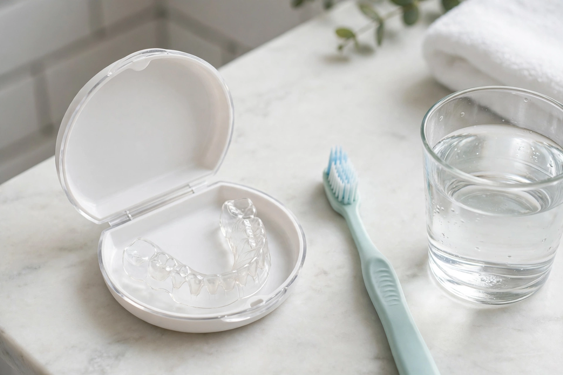 A clear dental retainer in its open case beside a soft toothbrush and a glass of water