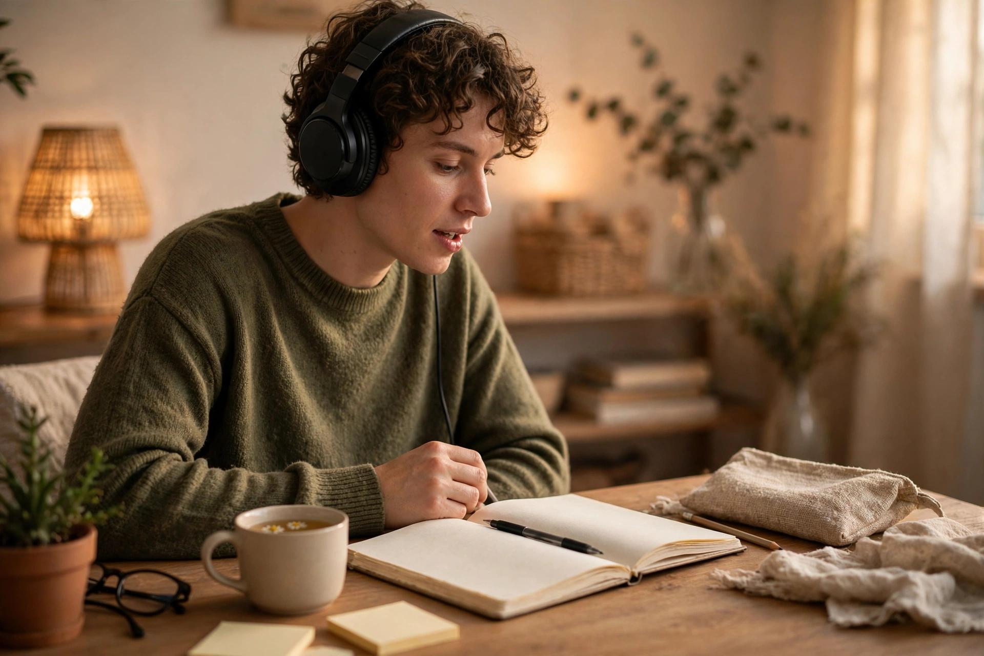 A person practising speaking Spanish at home with headphones and an open notebook on a desk