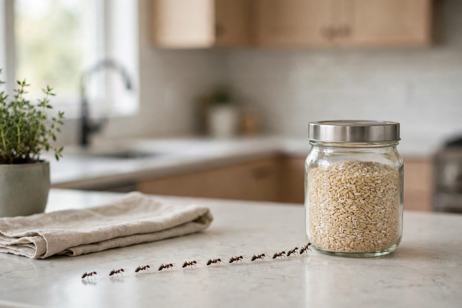 A line of ants on a kitchen counter heading toward a sealed glass jar of rice