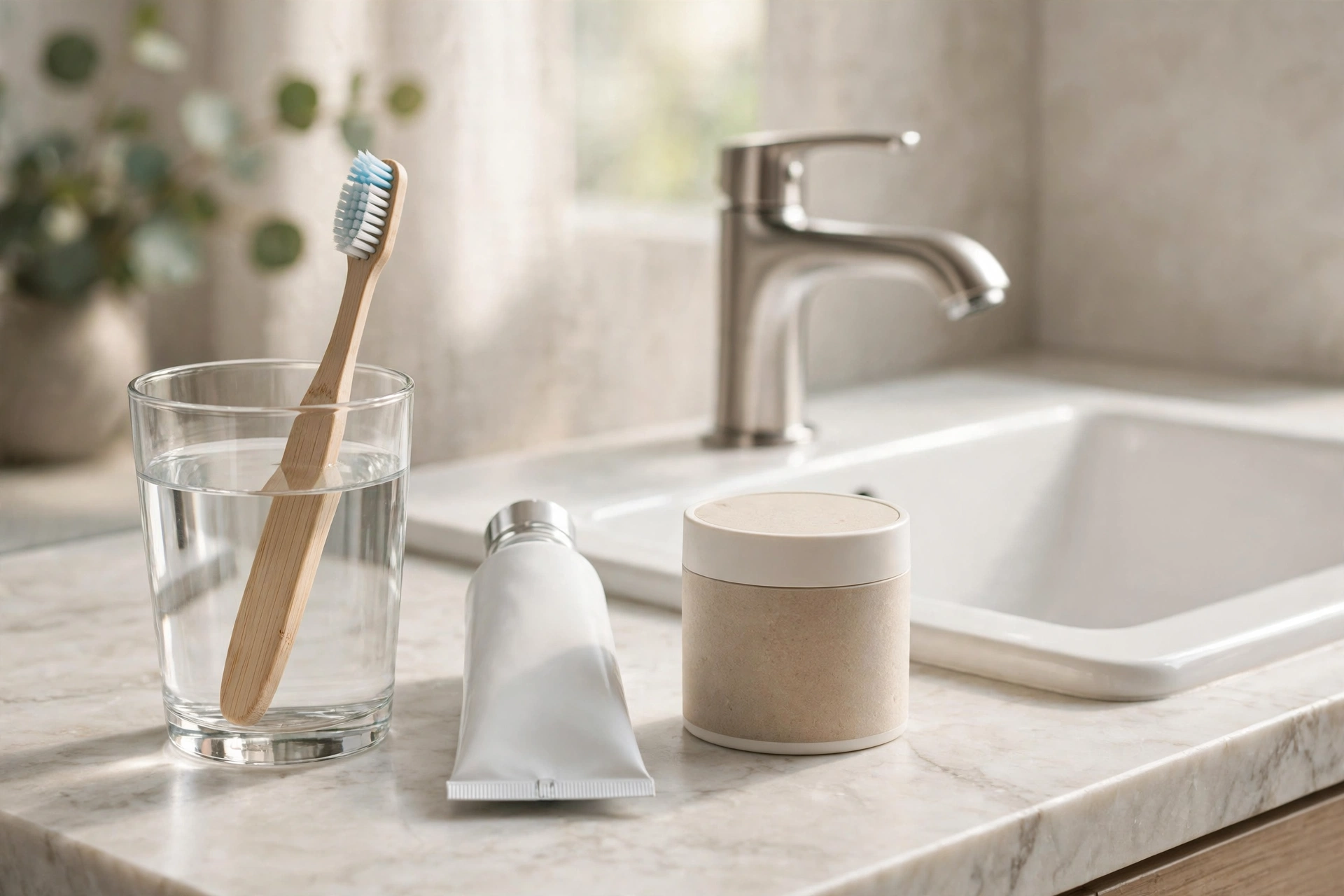 A toothbrush, toothpaste and dental floss arranged neatly by a bathroom sink