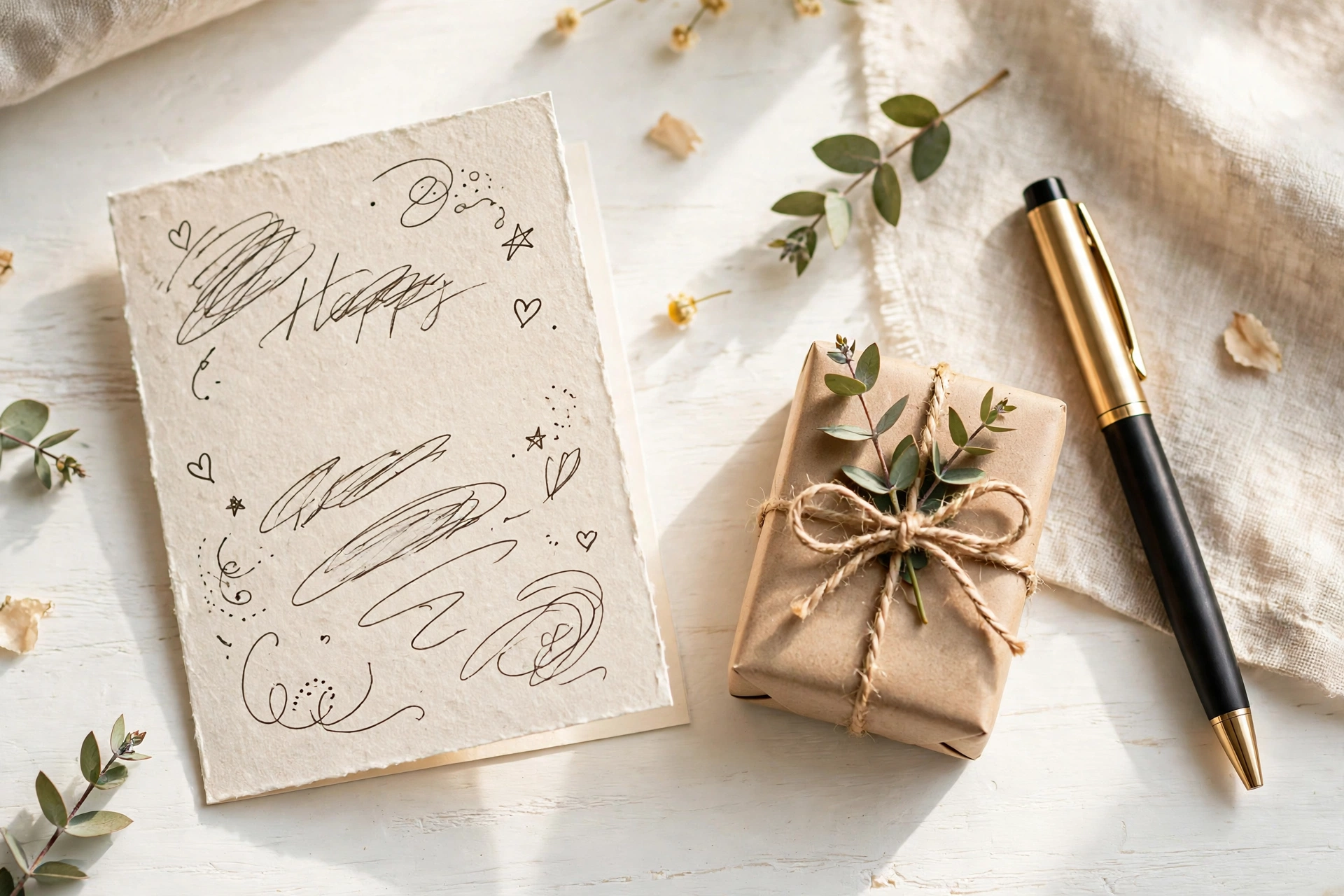 A handwritten birthday card beside a small wrapped gift and a pen on a bright table