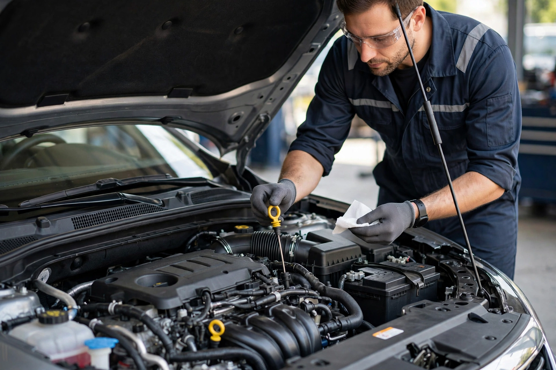 A car engine bay with the bonnet open in daylight, a mechanic checking the oil dipstick