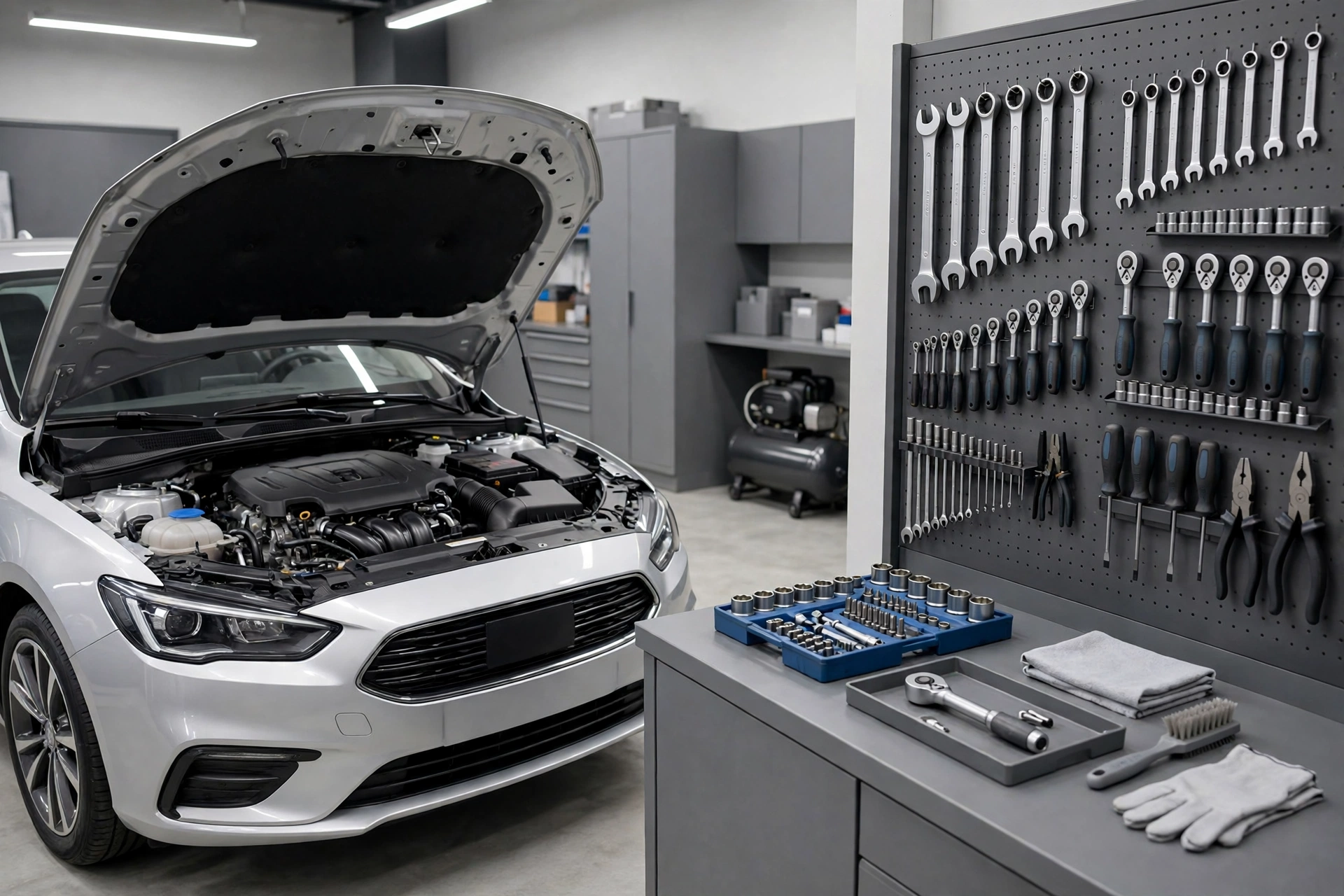 A car with its bonnet open in a tidy workshop beside neatly arranged tools, illustrating car maintenance cost