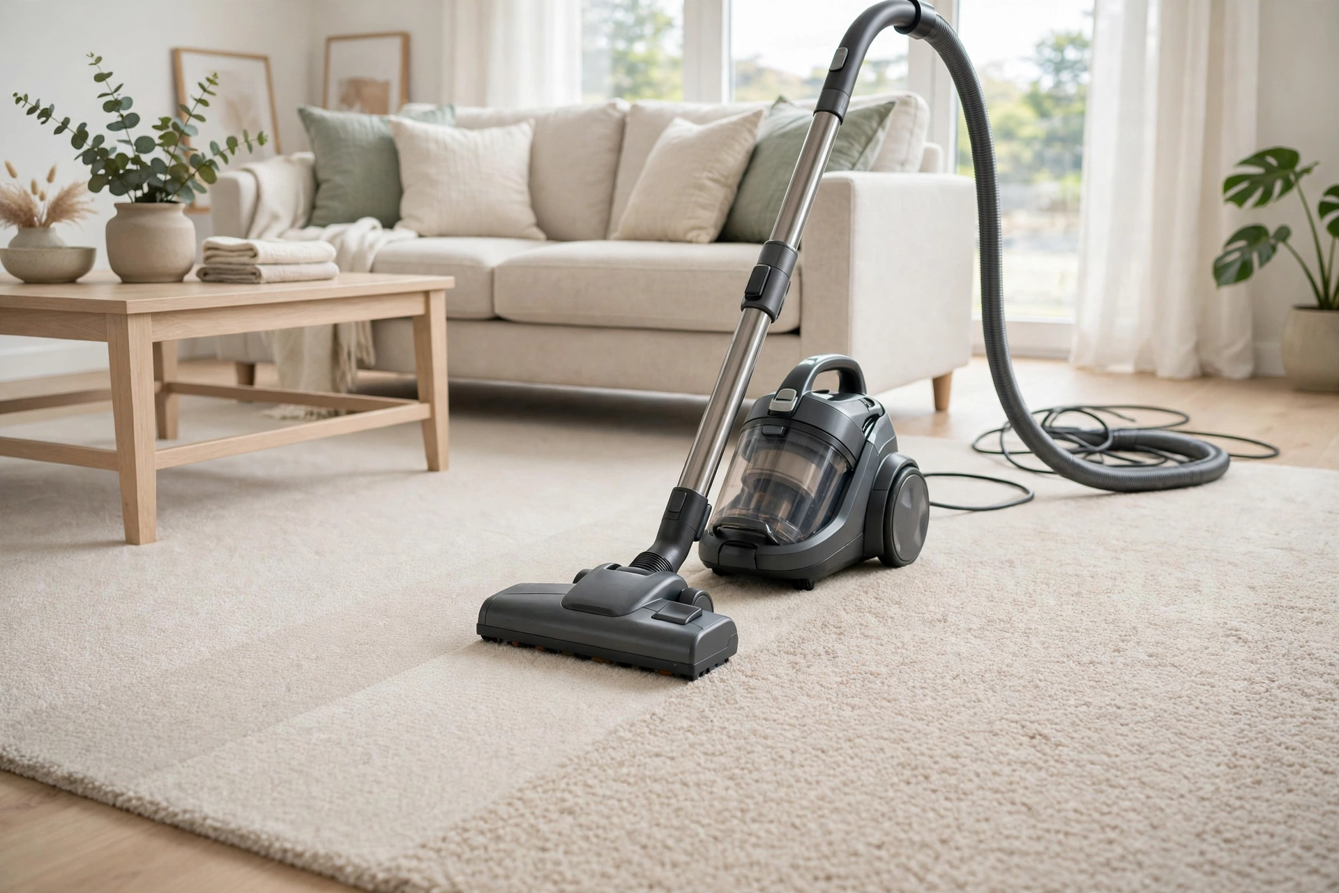Vacuum cleaner on a clean light-coloured living room carpet