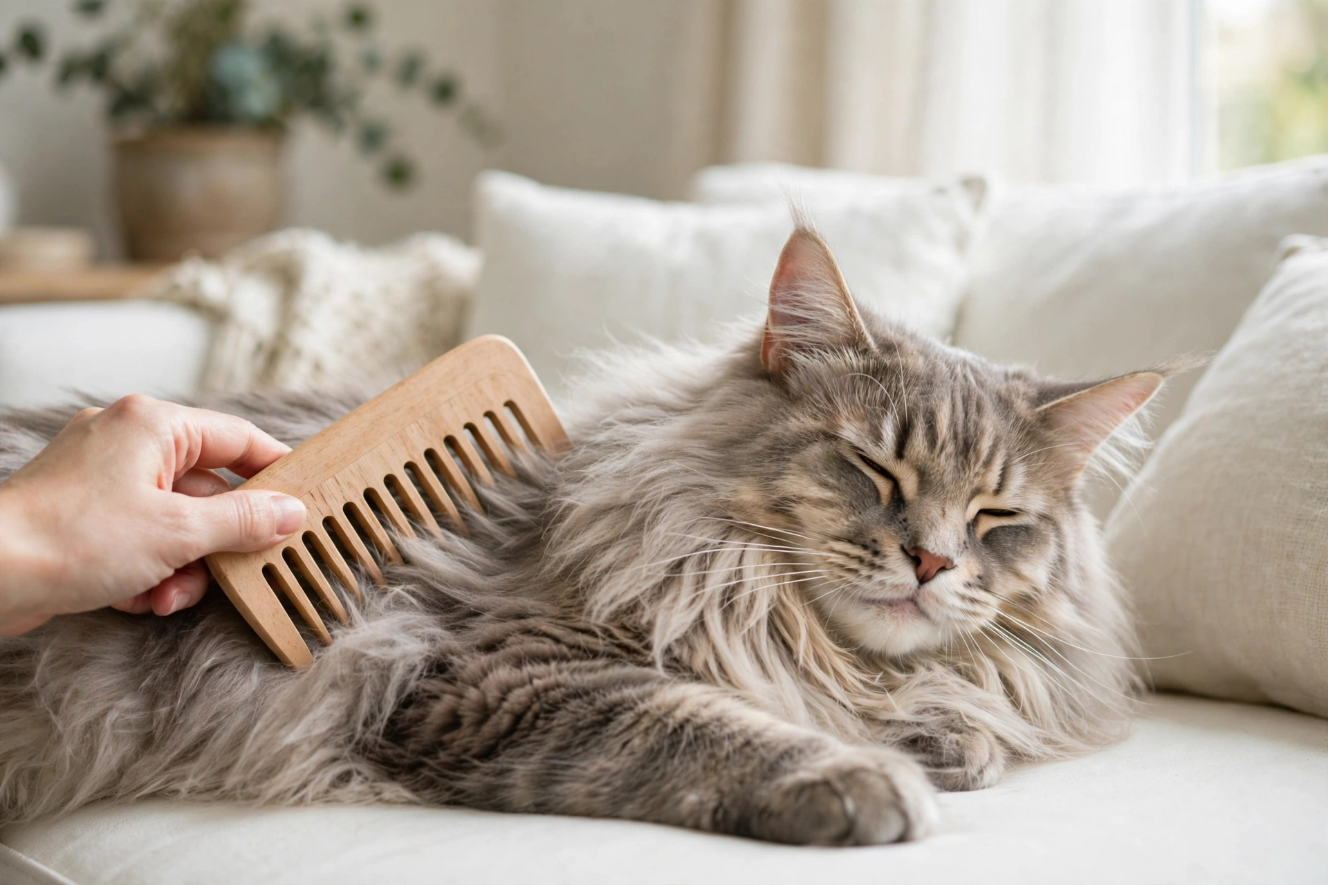 A long-haired cat being gently groomed with a wide-tooth comb in bright daylight