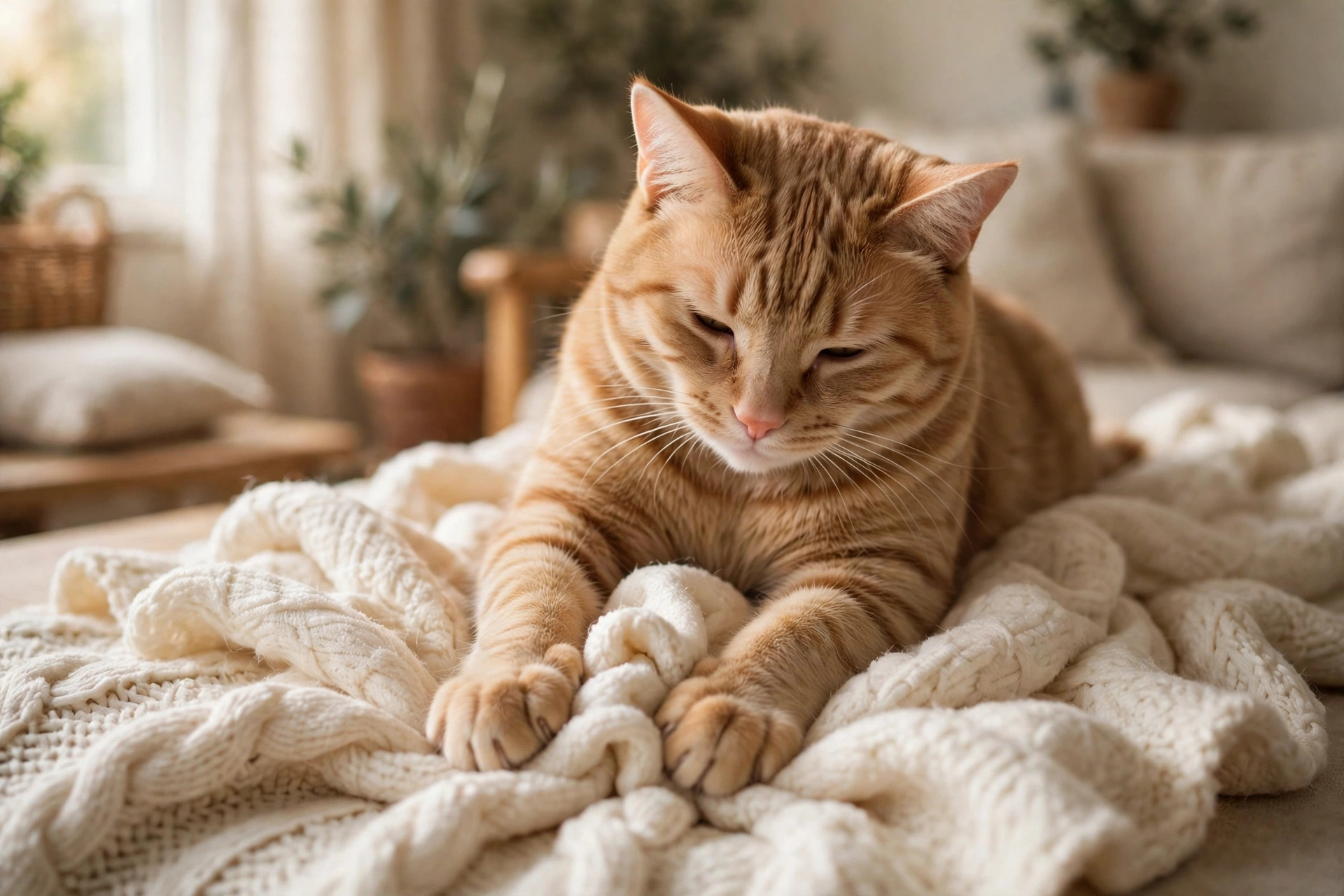 A cat kneading a soft blanket with its front paws, purring contentedly