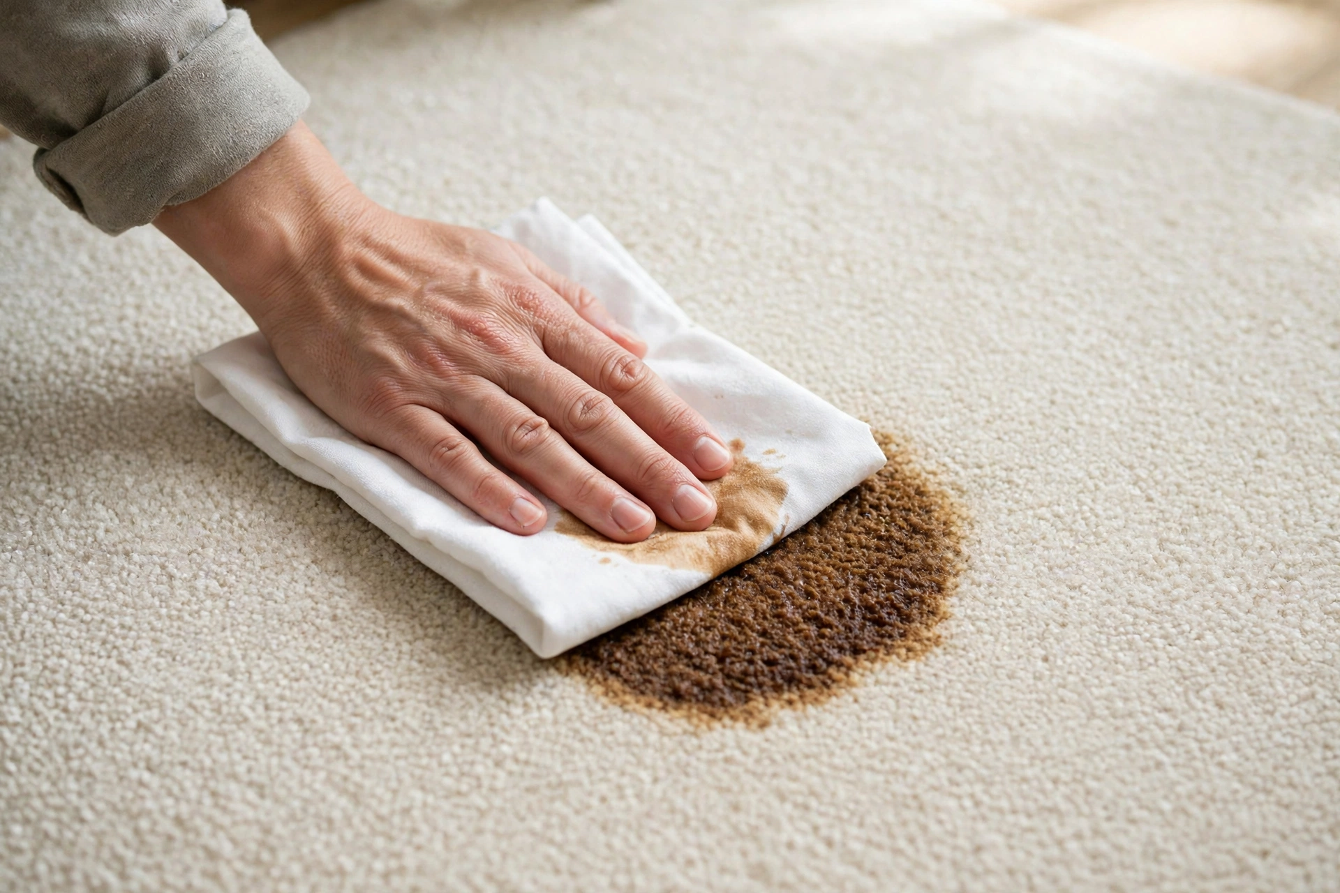 Blotting a coffee stain on a light carpet with a clean white cloth