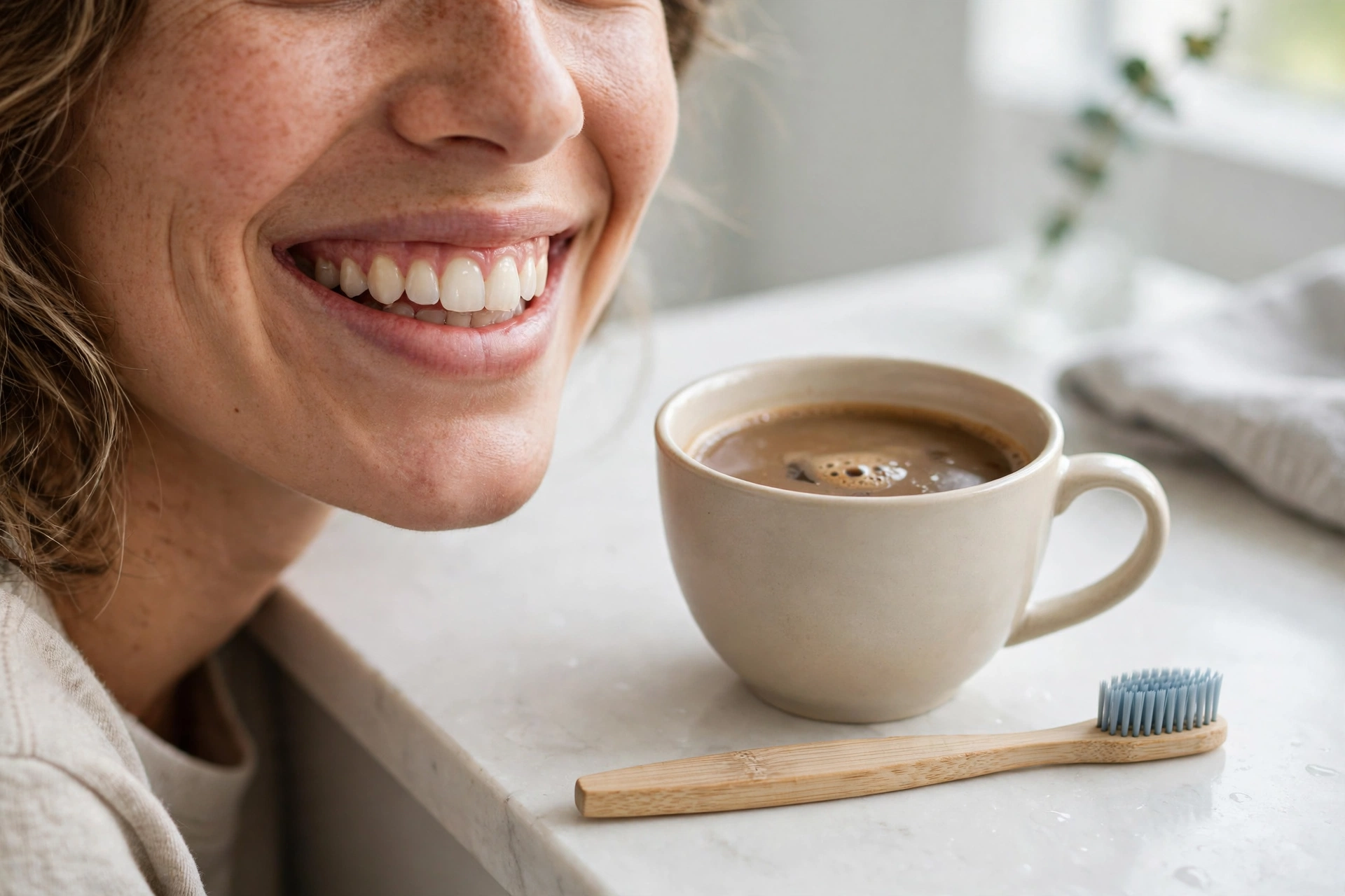 A bright smile with a cup of coffee beside a toothbrush, illustrating coffee stain removal