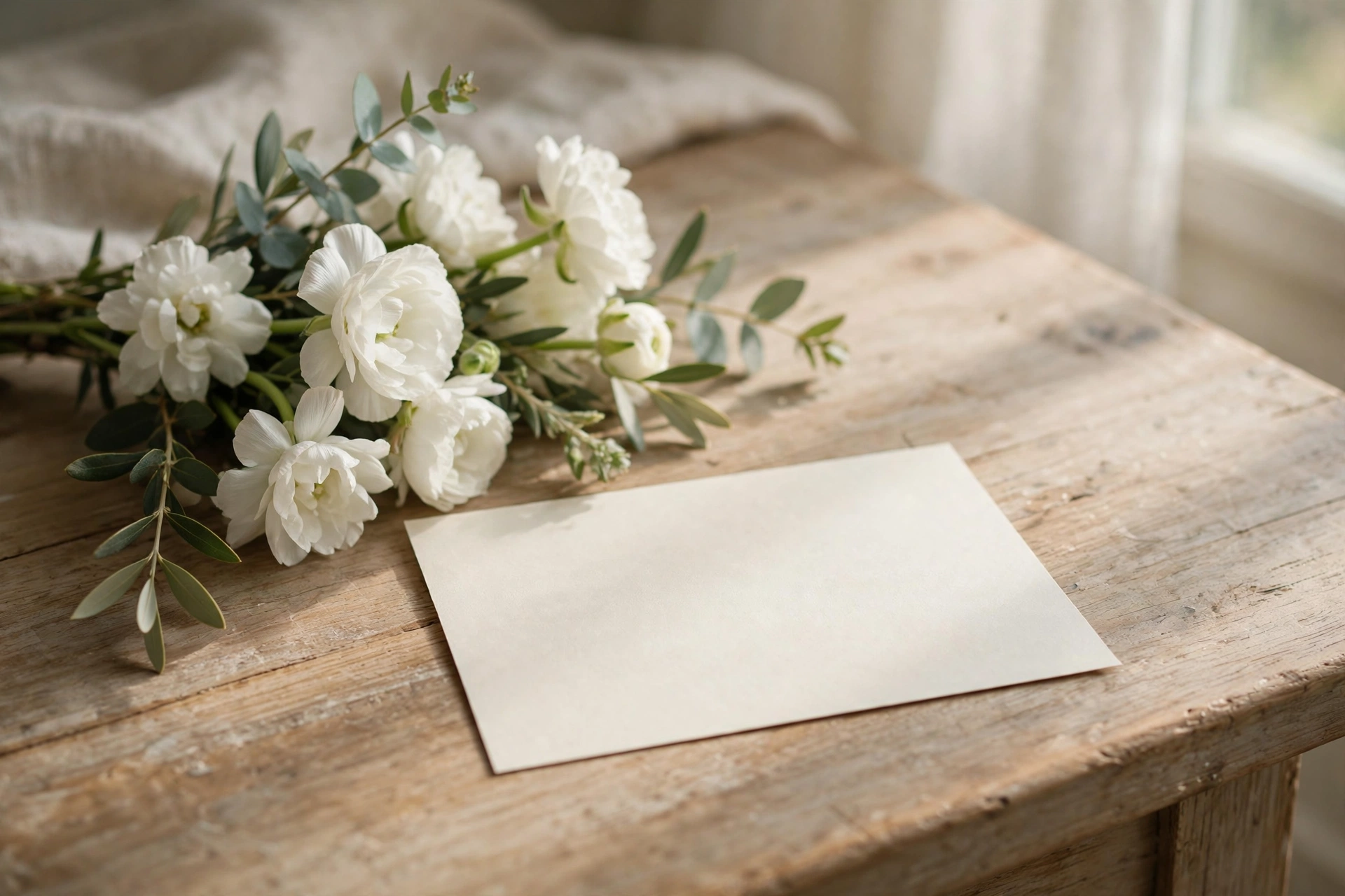 White flowers and a blank sympathy card on a wooden table