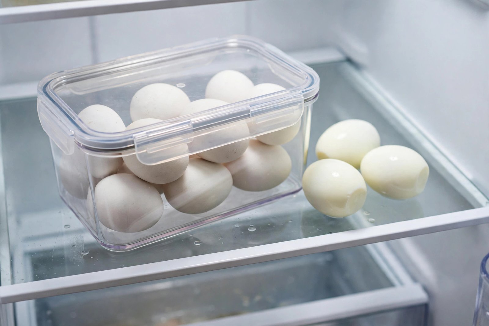 Hard-boiled eggs in a clear airtight container inside a refrigerator