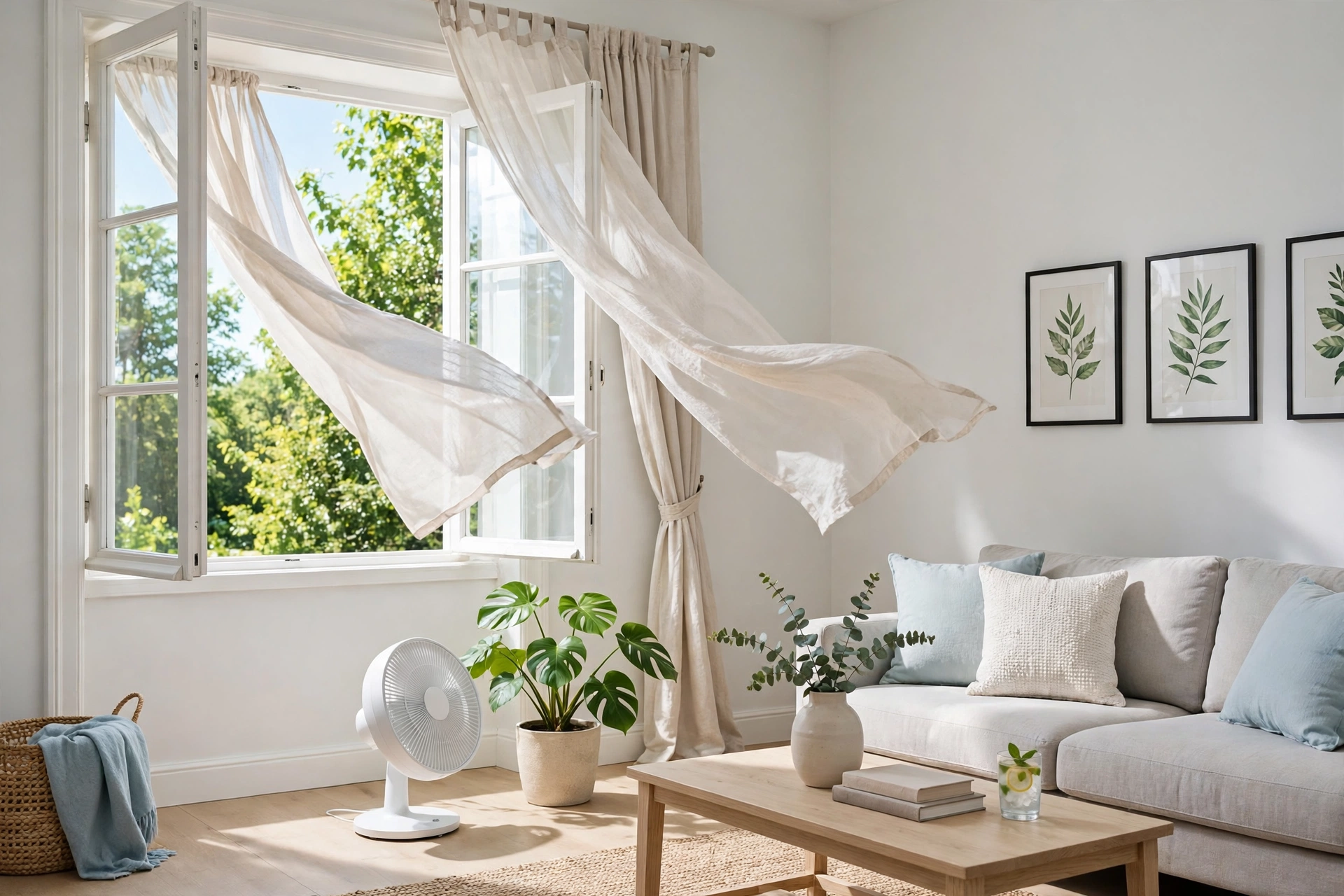 A bright cool living room with light curtains, an open window with a breeze, a fan and a plant in summer daylight