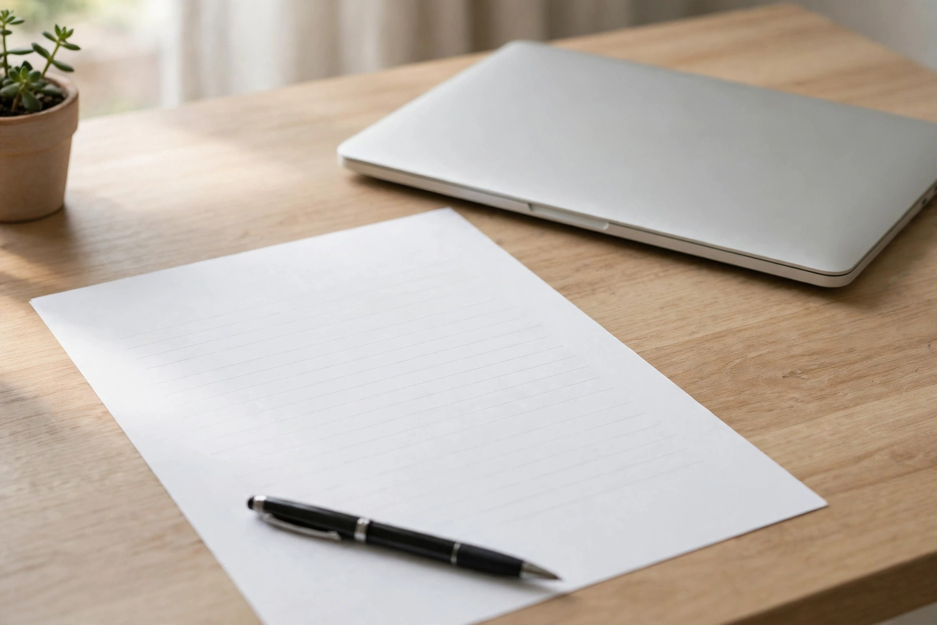 A cover letter draft beside a laptop and a pen on a tidy wooden desk