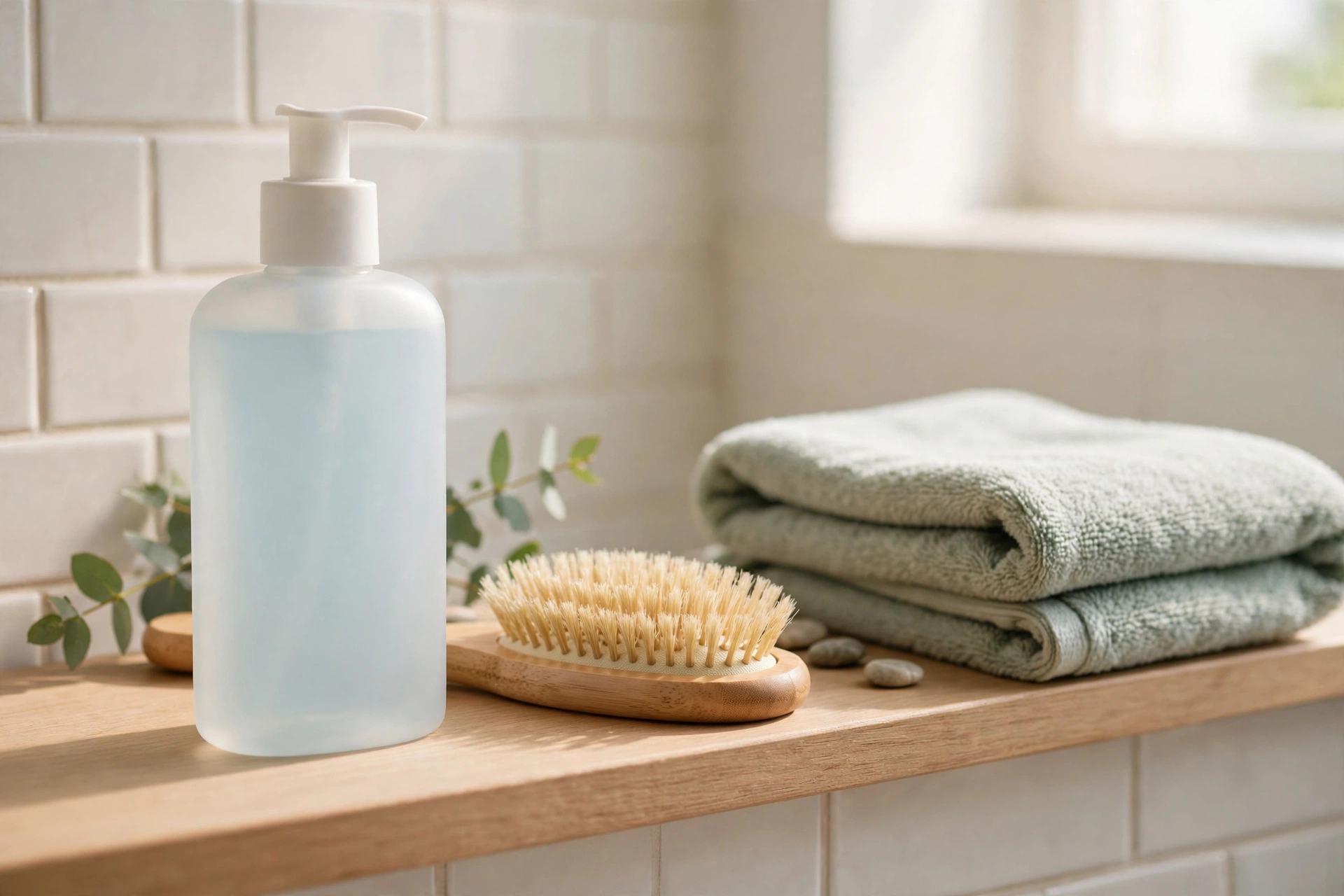 A gentle shampoo bottle, a wooden hairbrush and folded towels on a bathroom shelf in soft daylight