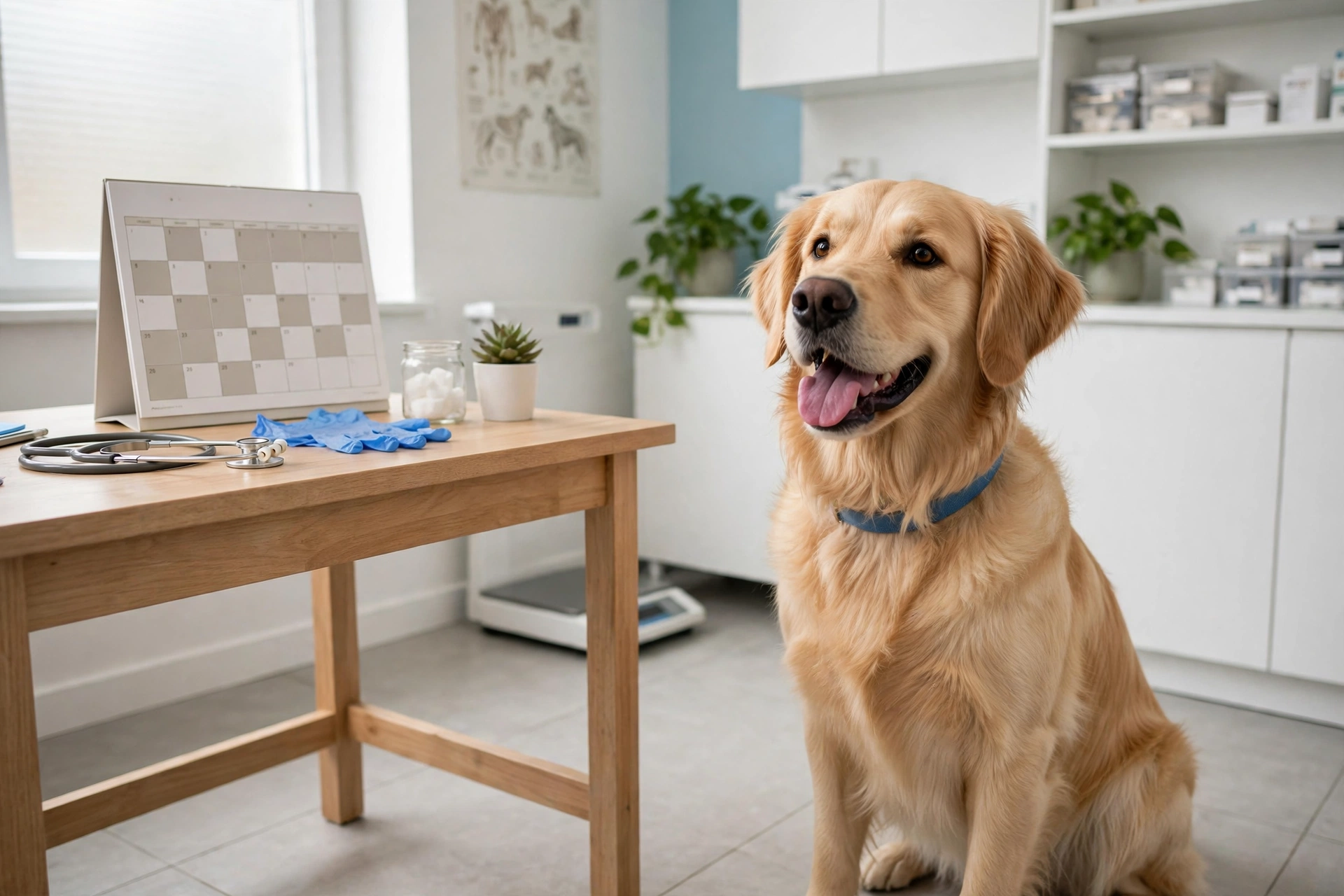 A golden retriever sitting beside a veterinary desk with a calendar