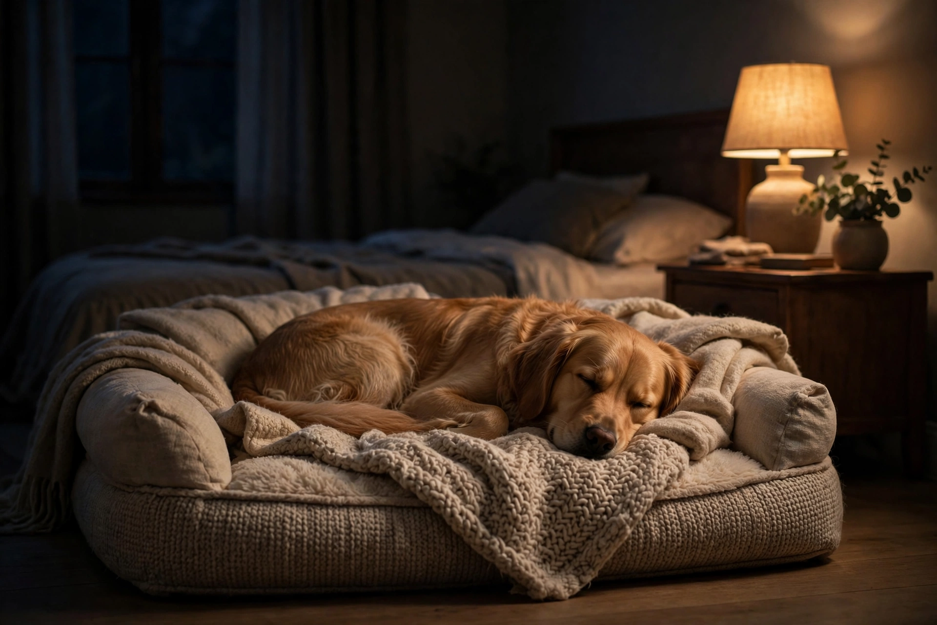 A golden dog sleeping peacefully on a cozy bed in a dim bedroom at night