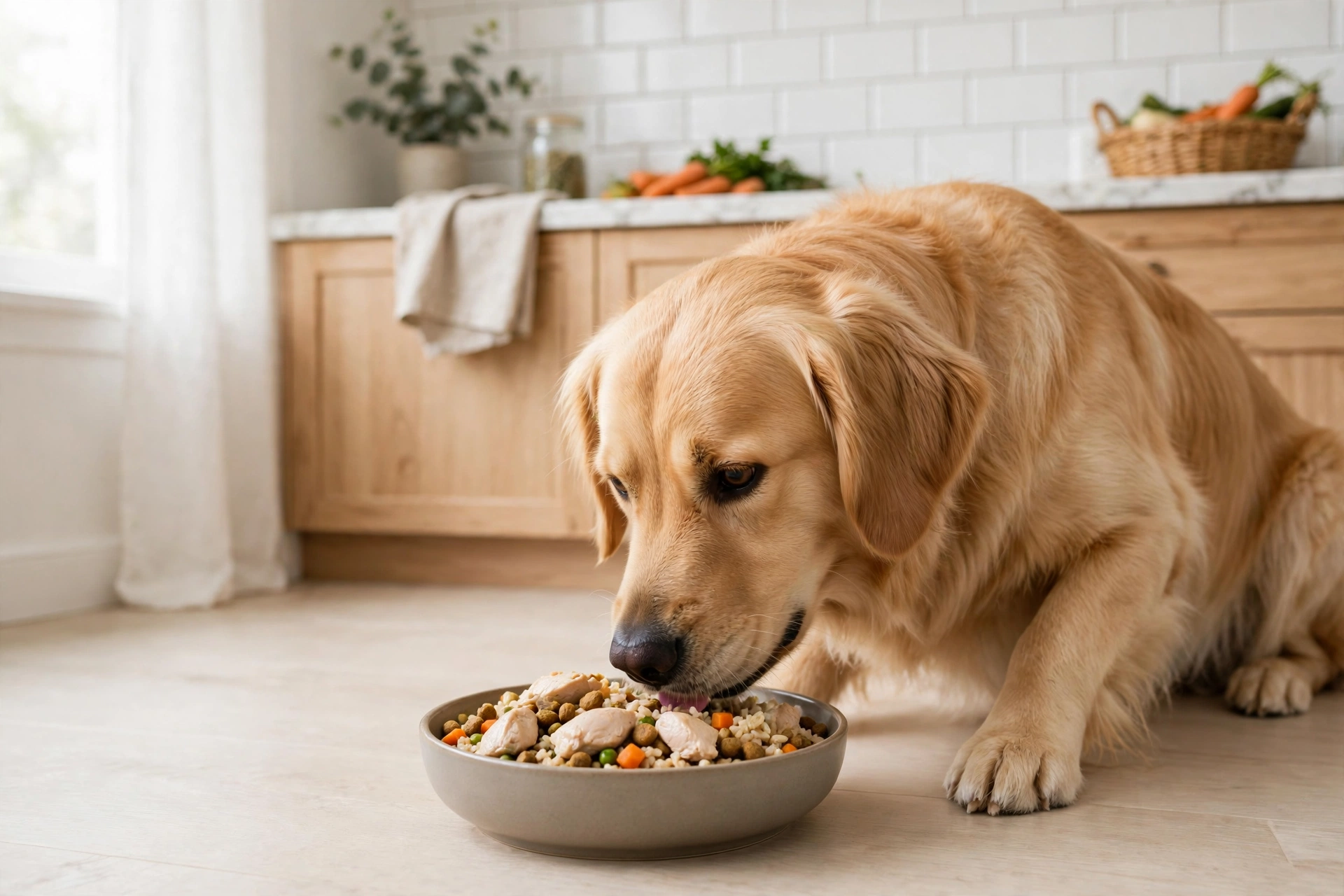 A healthy dog eating from a bowl of plain wholesome food in a bright kitchen