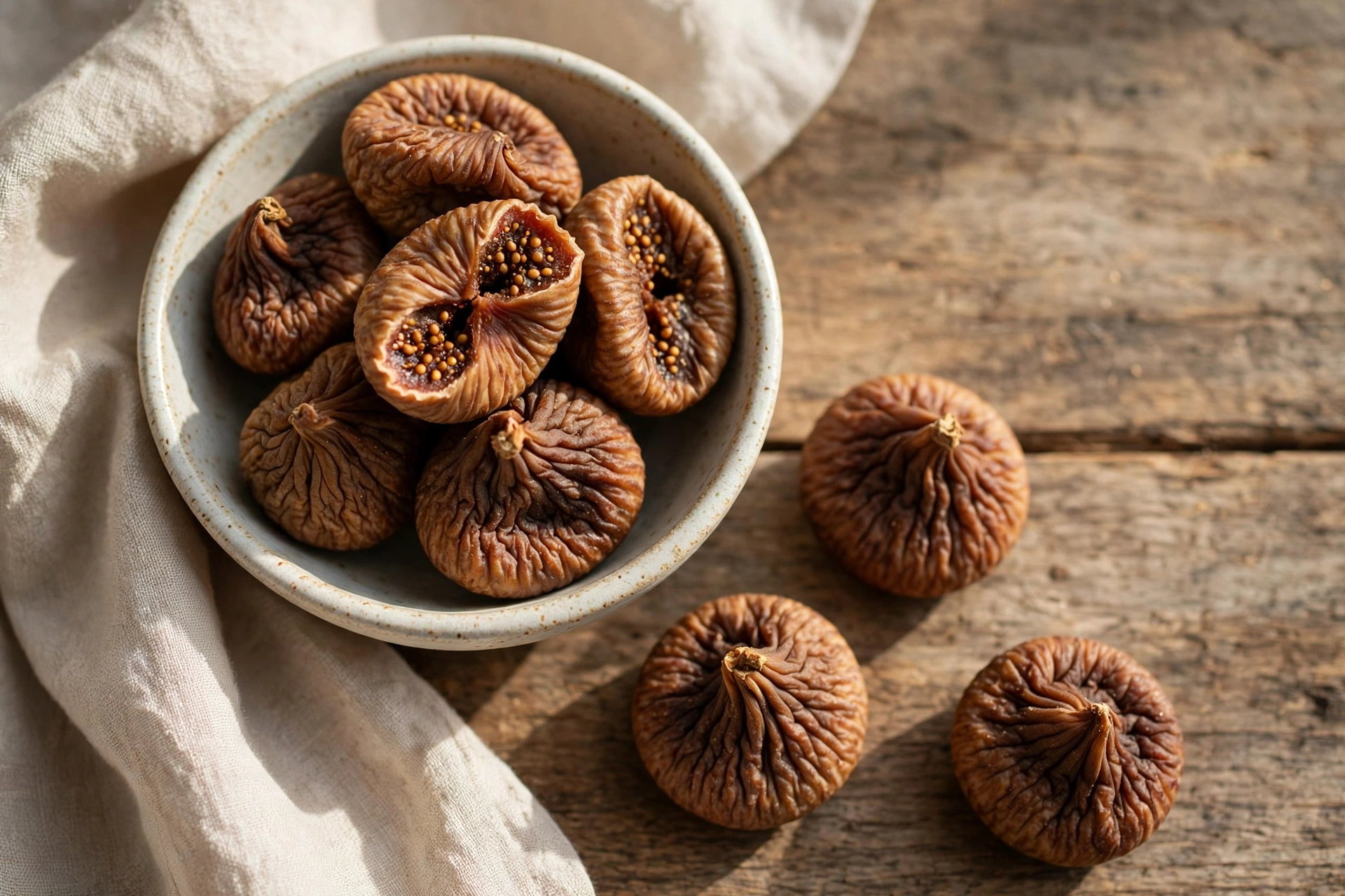 Dried figs in a ceramic bowl on a wooden table