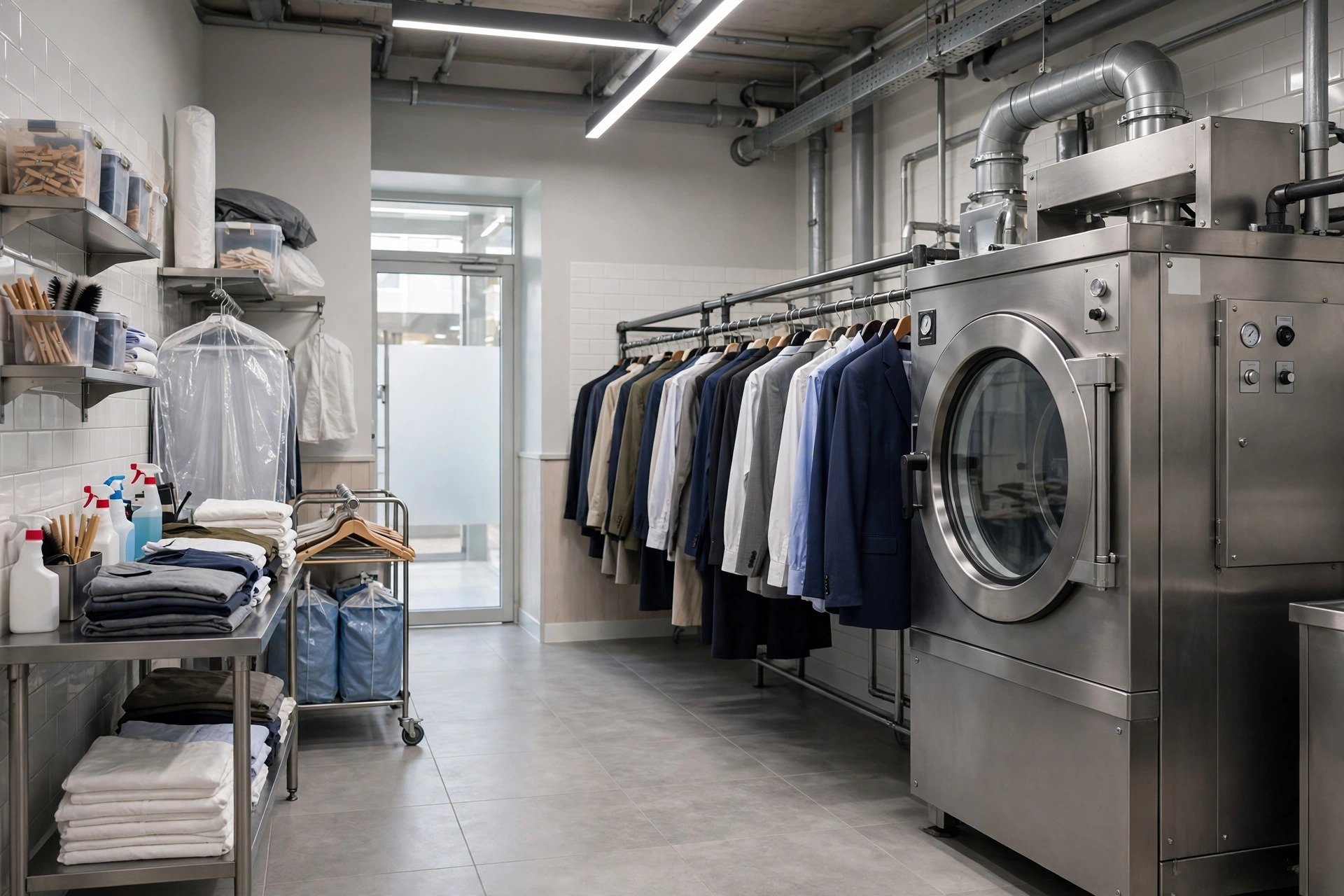 Garments on hangers beside a professional dry cleaning machine