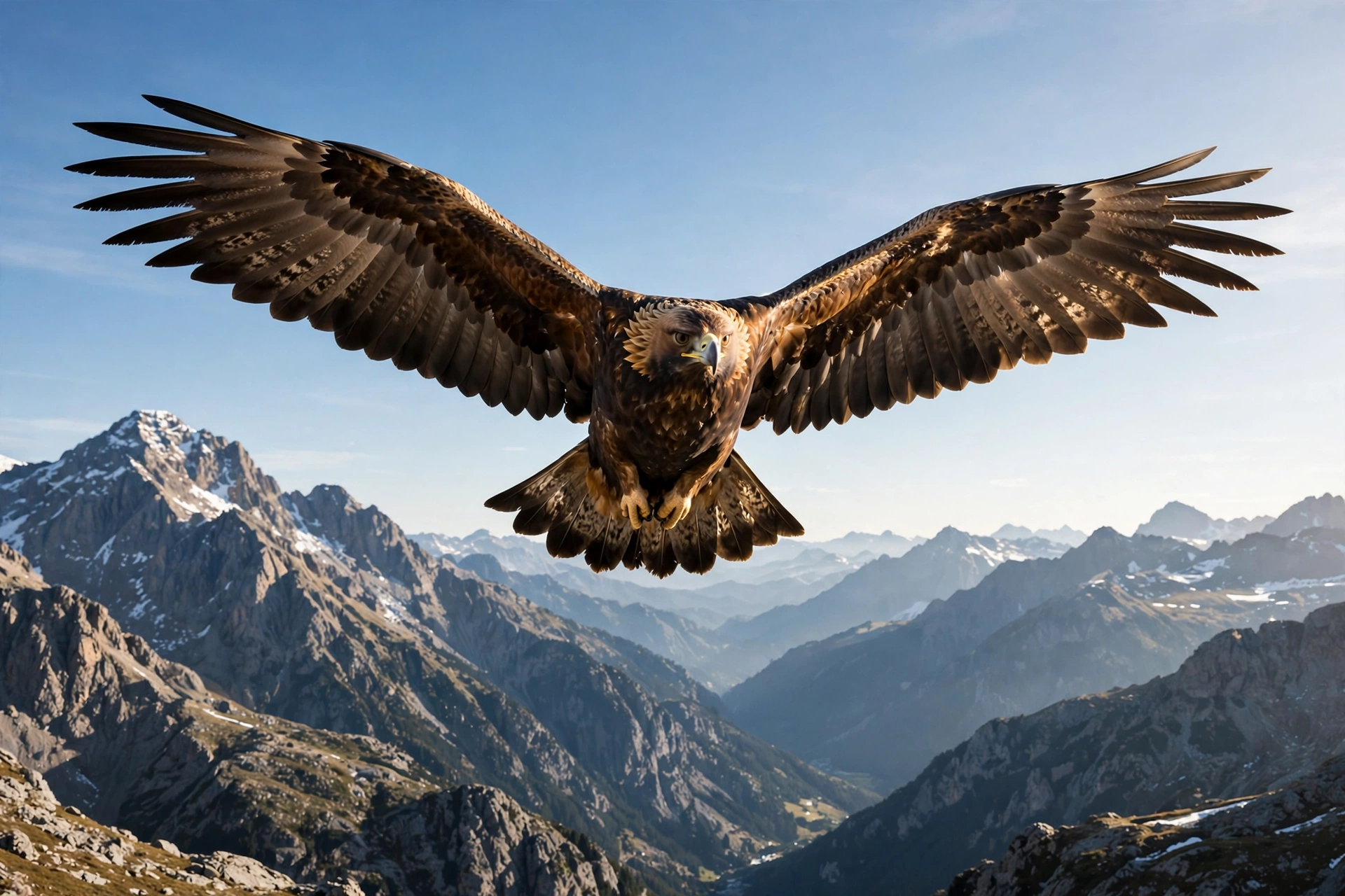 A large eagle soaring over mountains with its wings fully spread