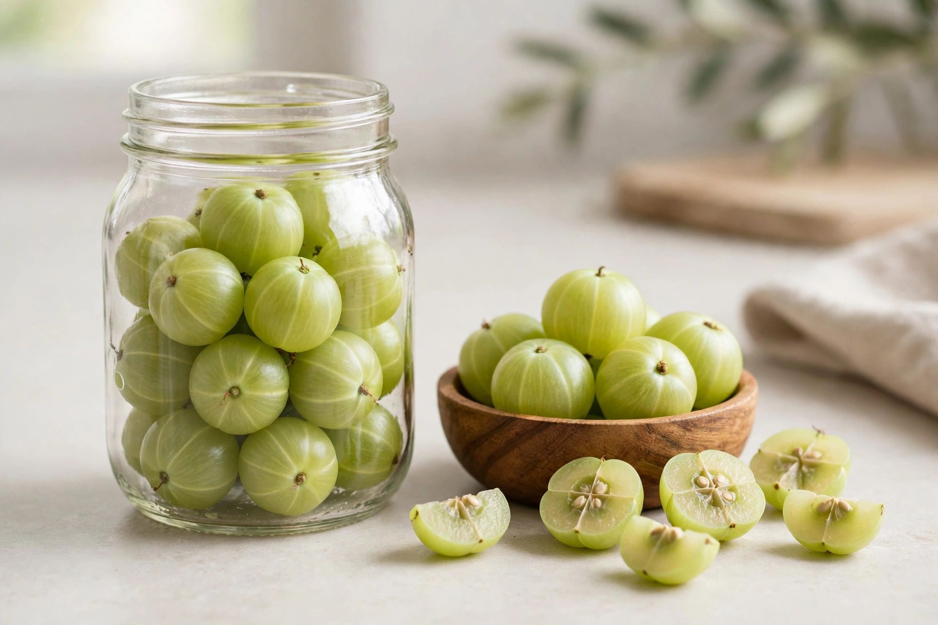 Fresh green amla fruits in a glass jar and a wooden bowl with cut amla pieces on a kitchen counter.