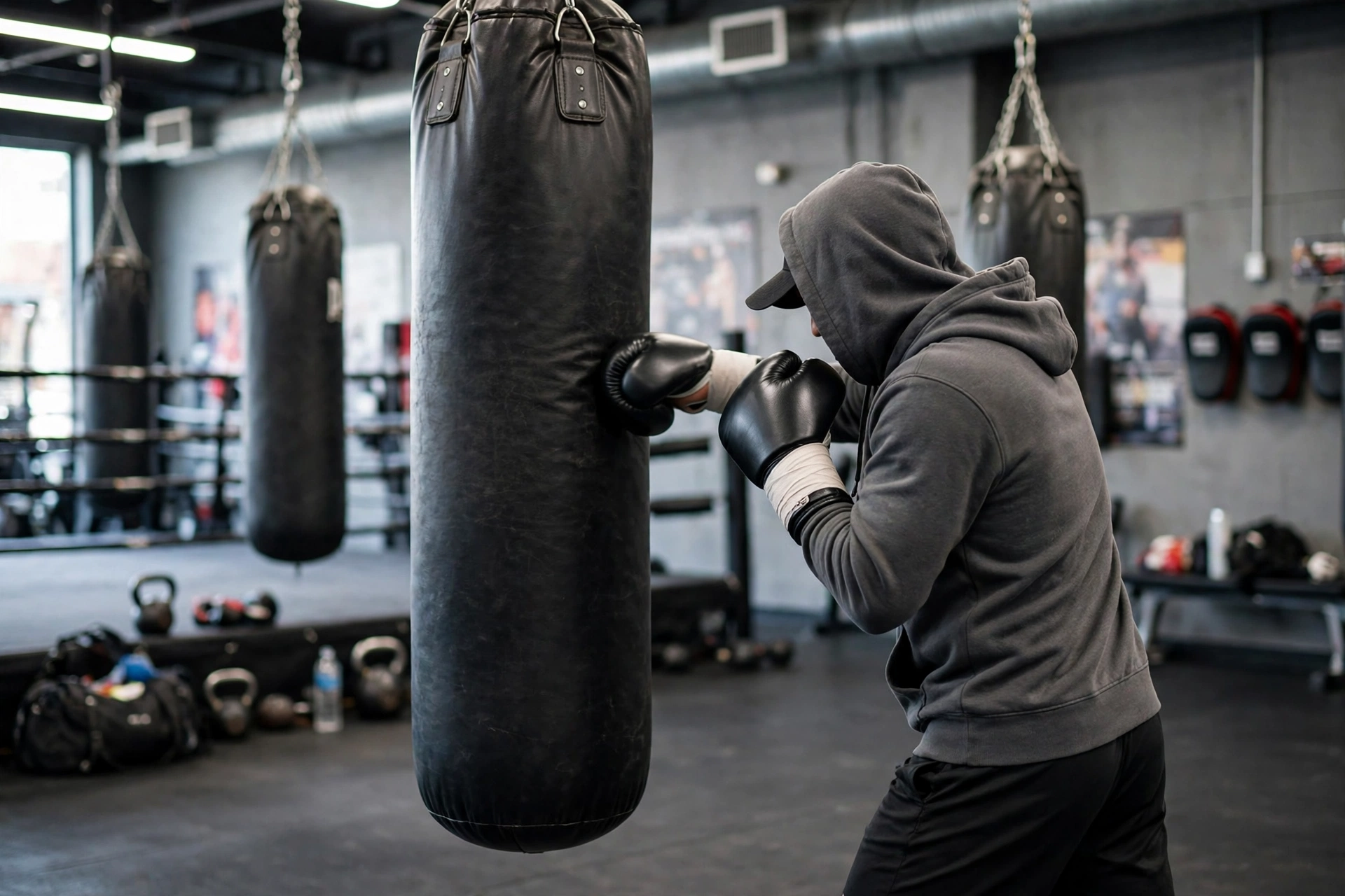 A beginner boxer practising a jab on a heavy bag in a bright gym