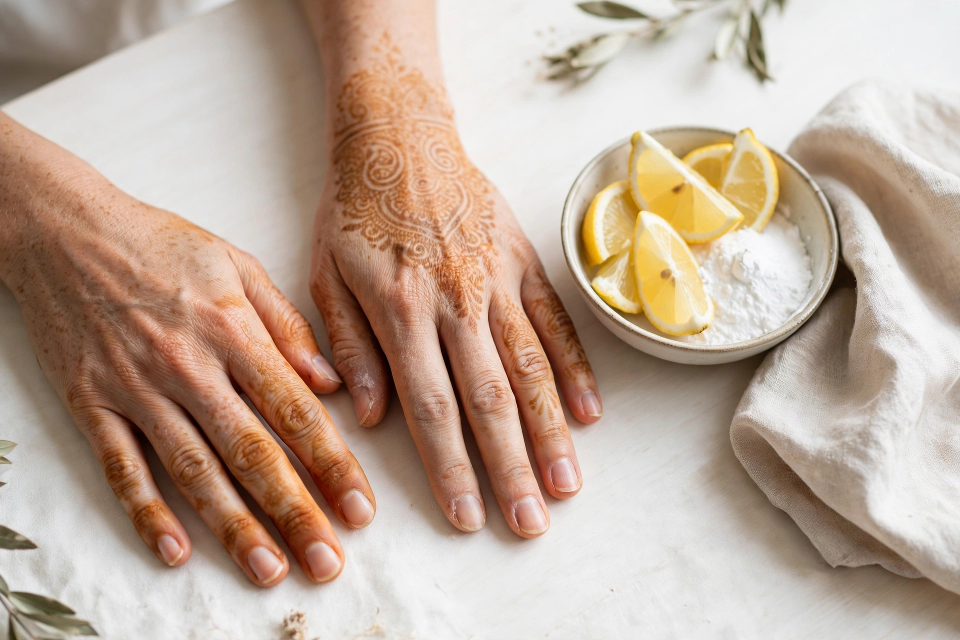 Hands with a fading henna mehndi design beside lemon slices, baking soda and a soft cloth