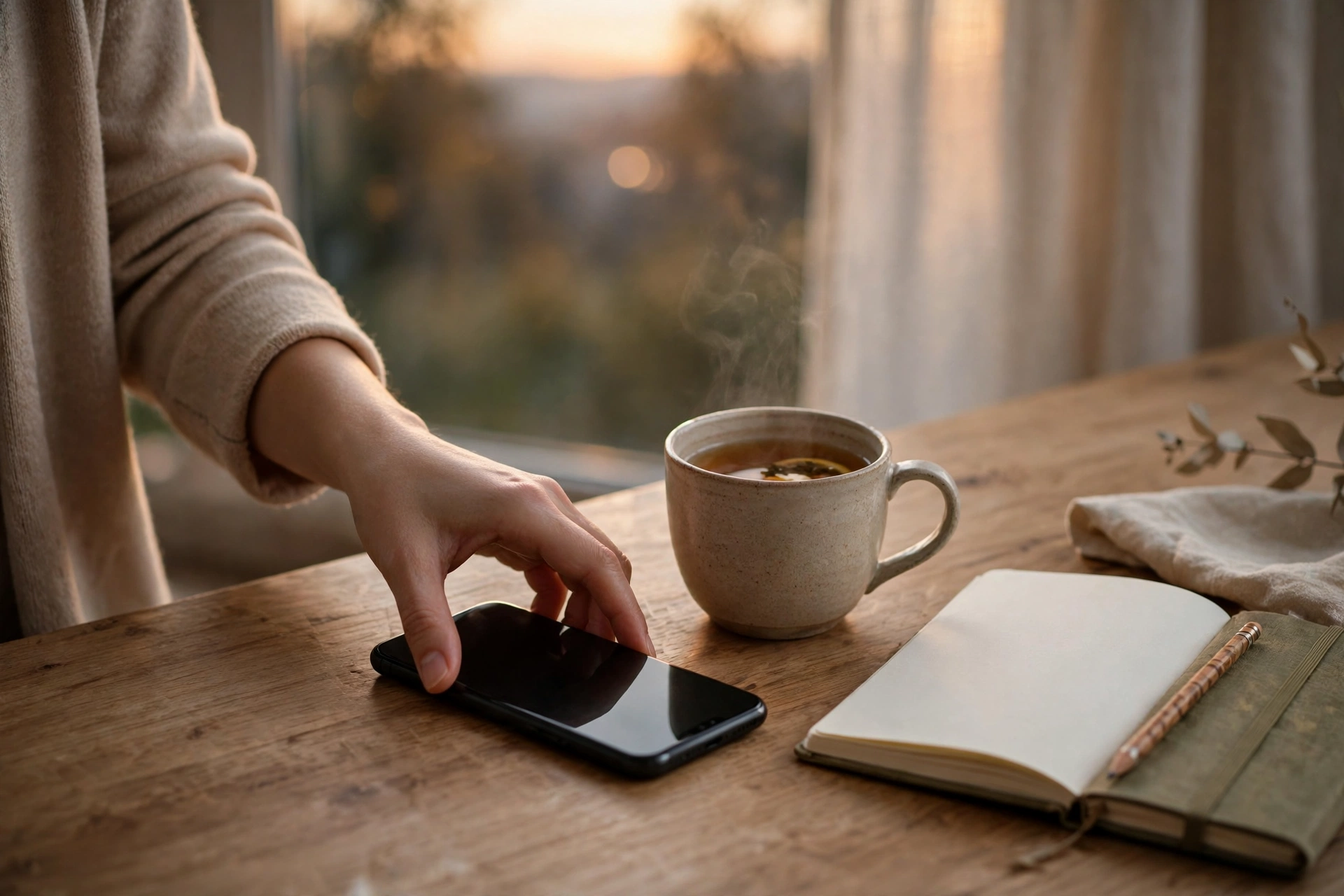 A person calmly putting a phone face down on a desk beside a cup of tea and a notebook