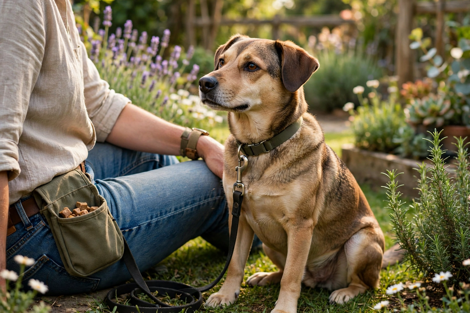 A calm adult dog sitting with its owner in a sunny garden during a training break