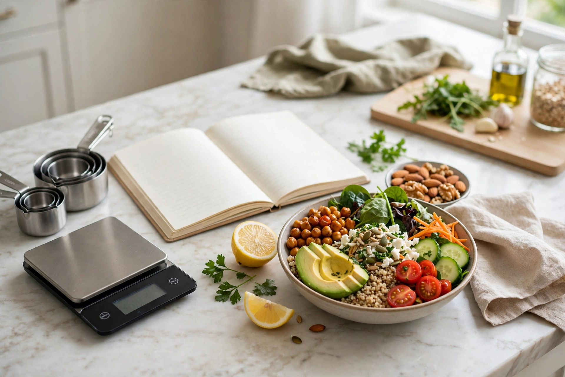A balanced meal on a kitchen counter with a digital food scale, measuring cups and an open food diary