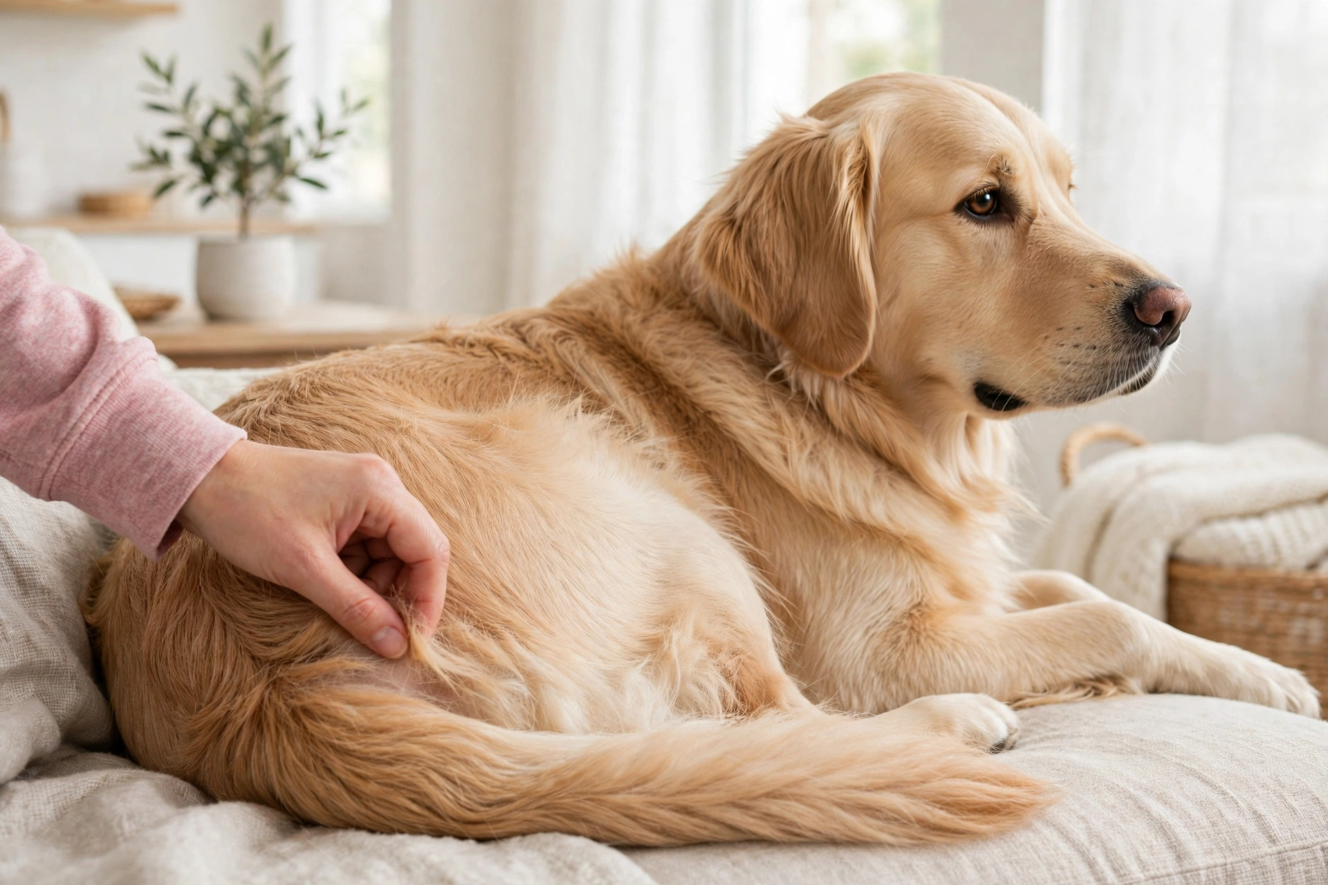 A dog scratching its back, with a close view of its coat being checked for fleas