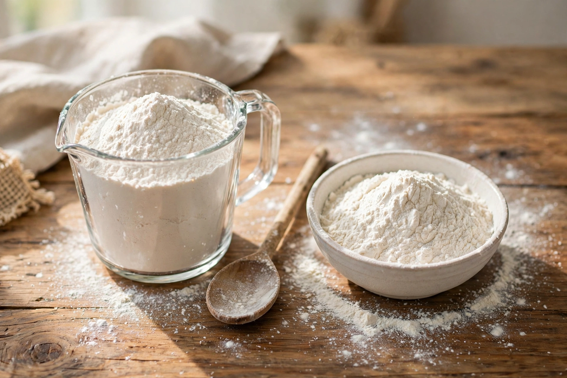 Measuring 200 grams flour to cups with a measuring cup and spoon-and-level method for baking