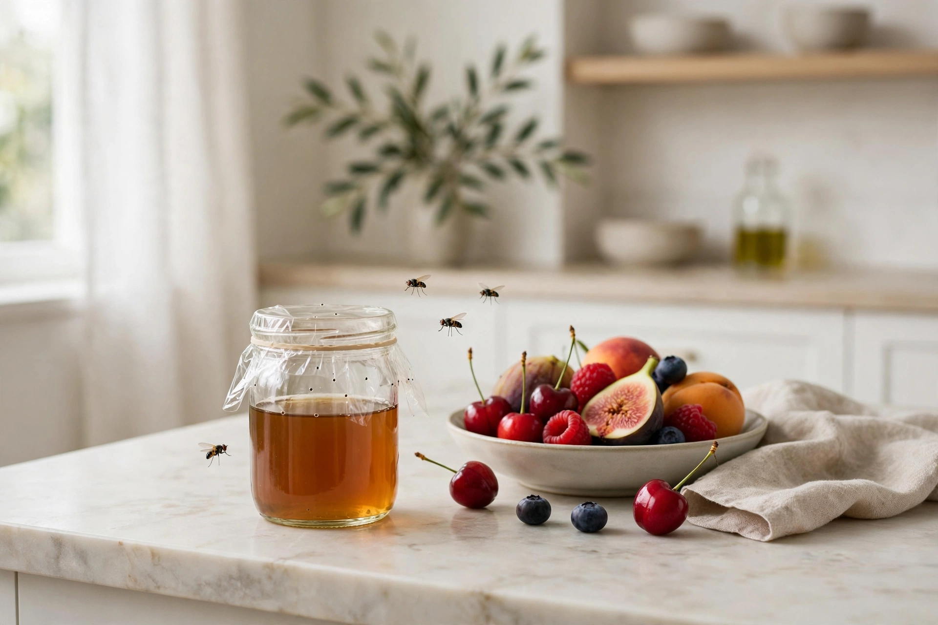 A vinegar jar trap beside a bowl of fresh fruit in a clean kitchen