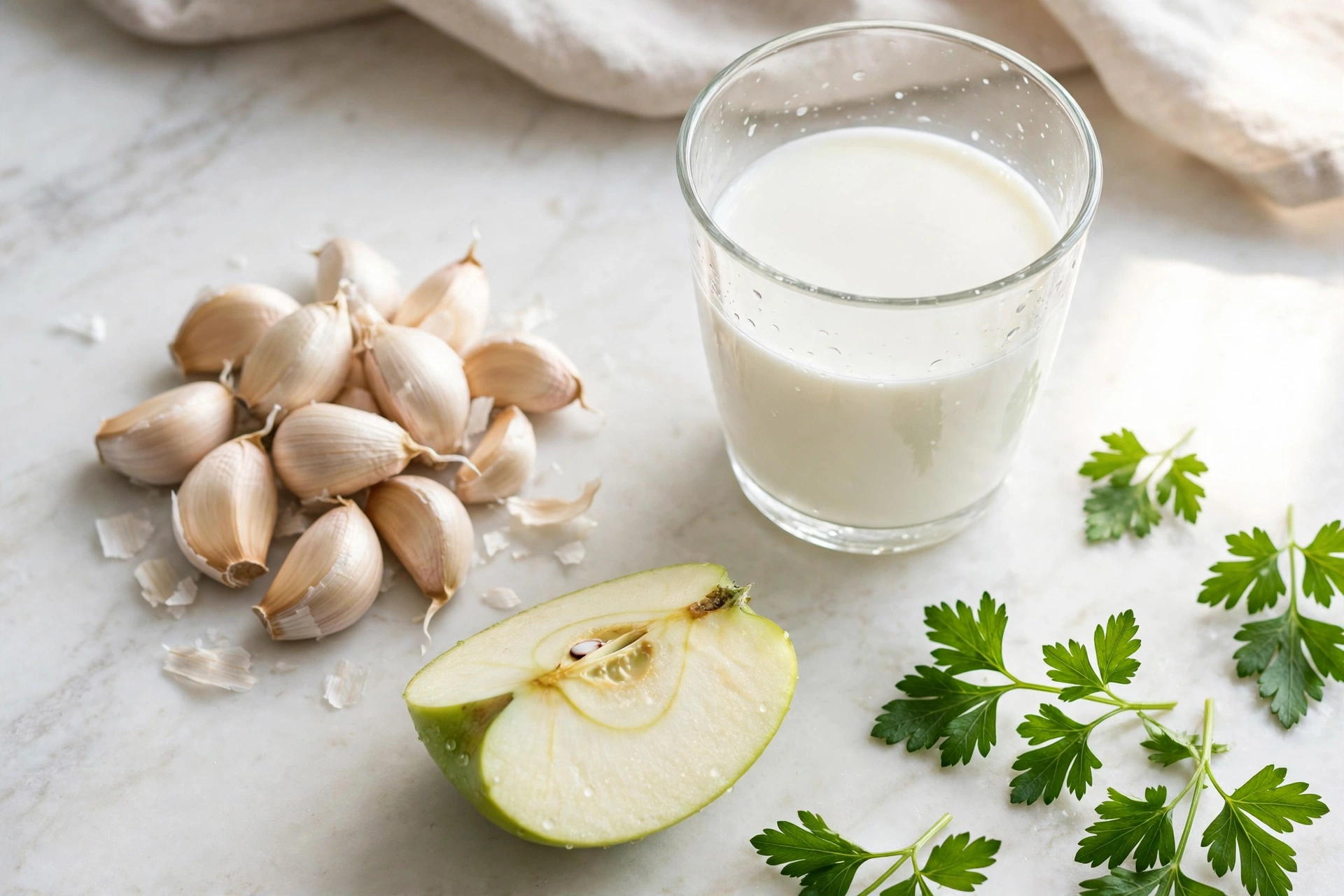 Fresh garlic cloves beside a glass of milk, an apple slice, and fresh parsley leaves on a bright kitchen counter