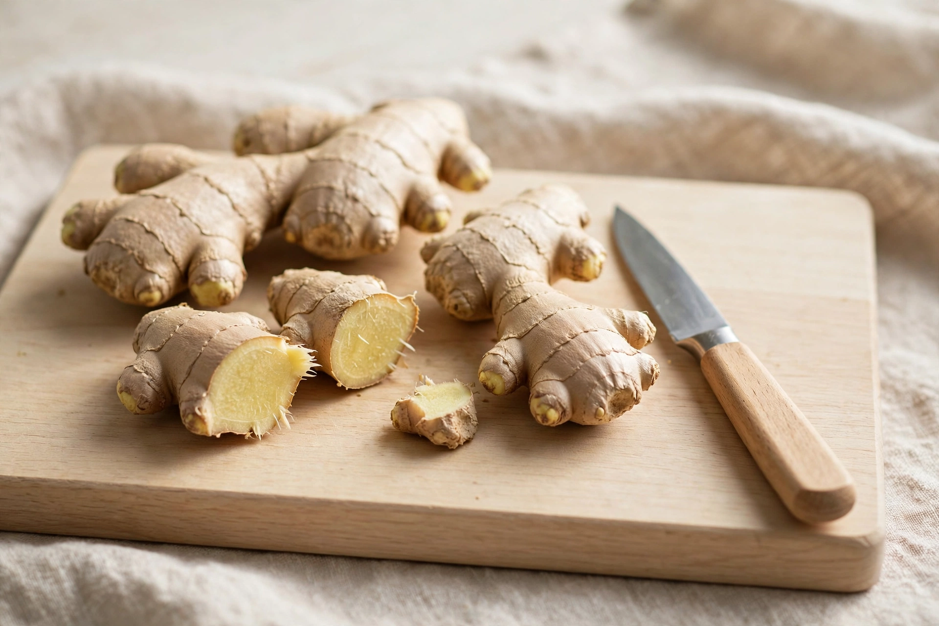 Fresh raw ginger root sliced on a wooden board