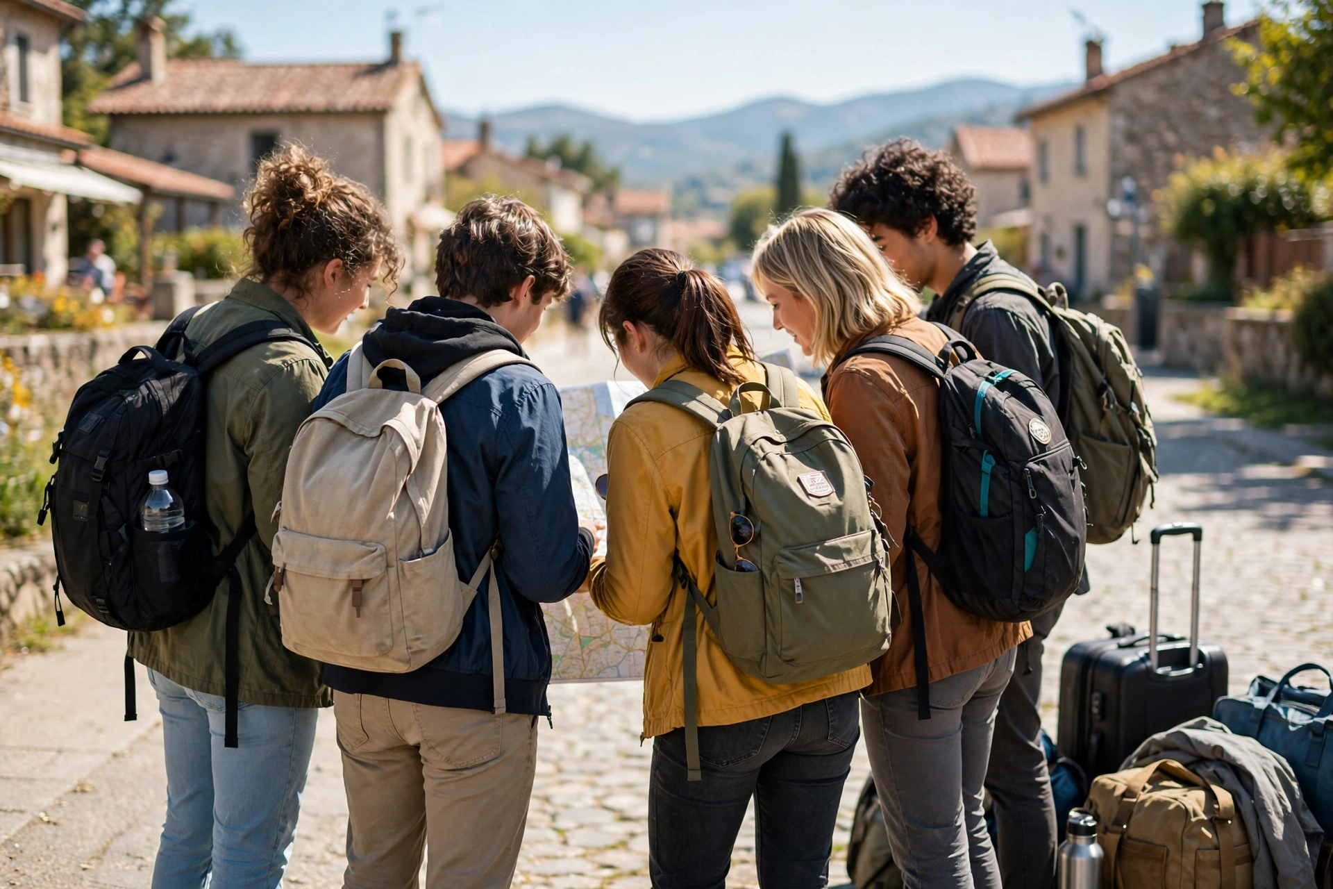 Friends with backpacks looking at a paper map together on a sunny trip with luggage nearby