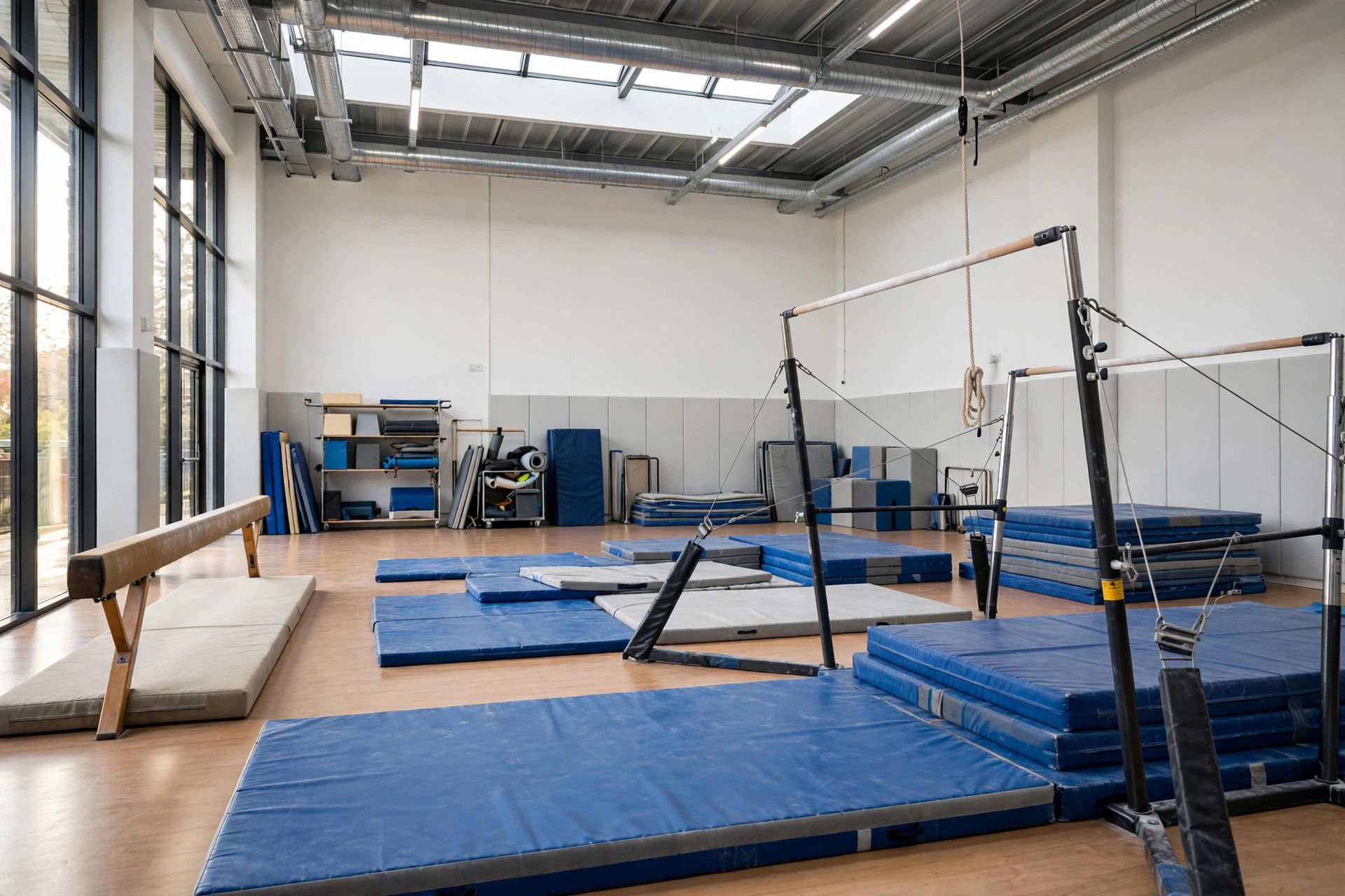 An empty bright gymnastics hall with a balance beam, bars and mats, illustrating children's gymnastics and growth