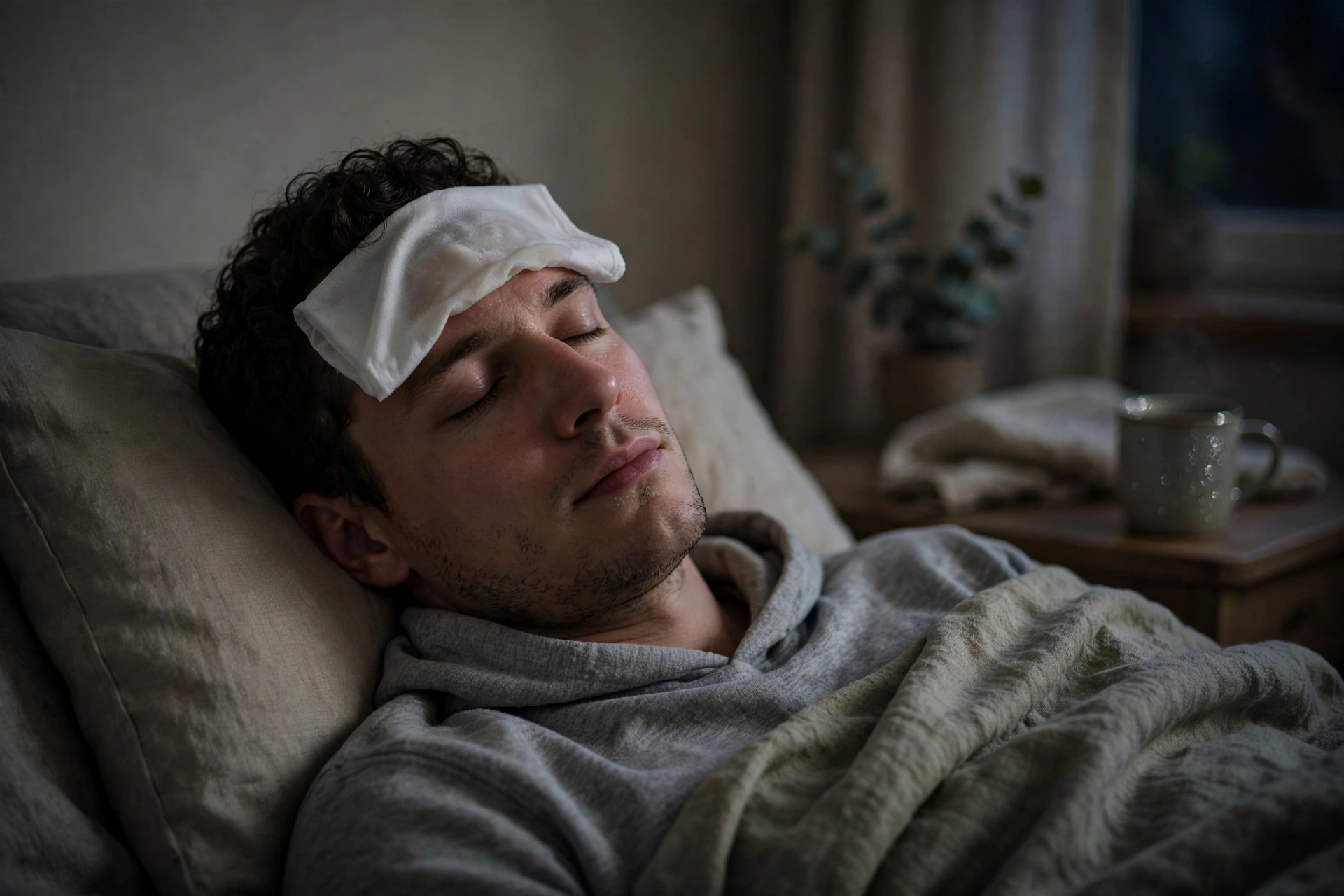 A person resting with a cold compress on the forehead in a dim, quiet room