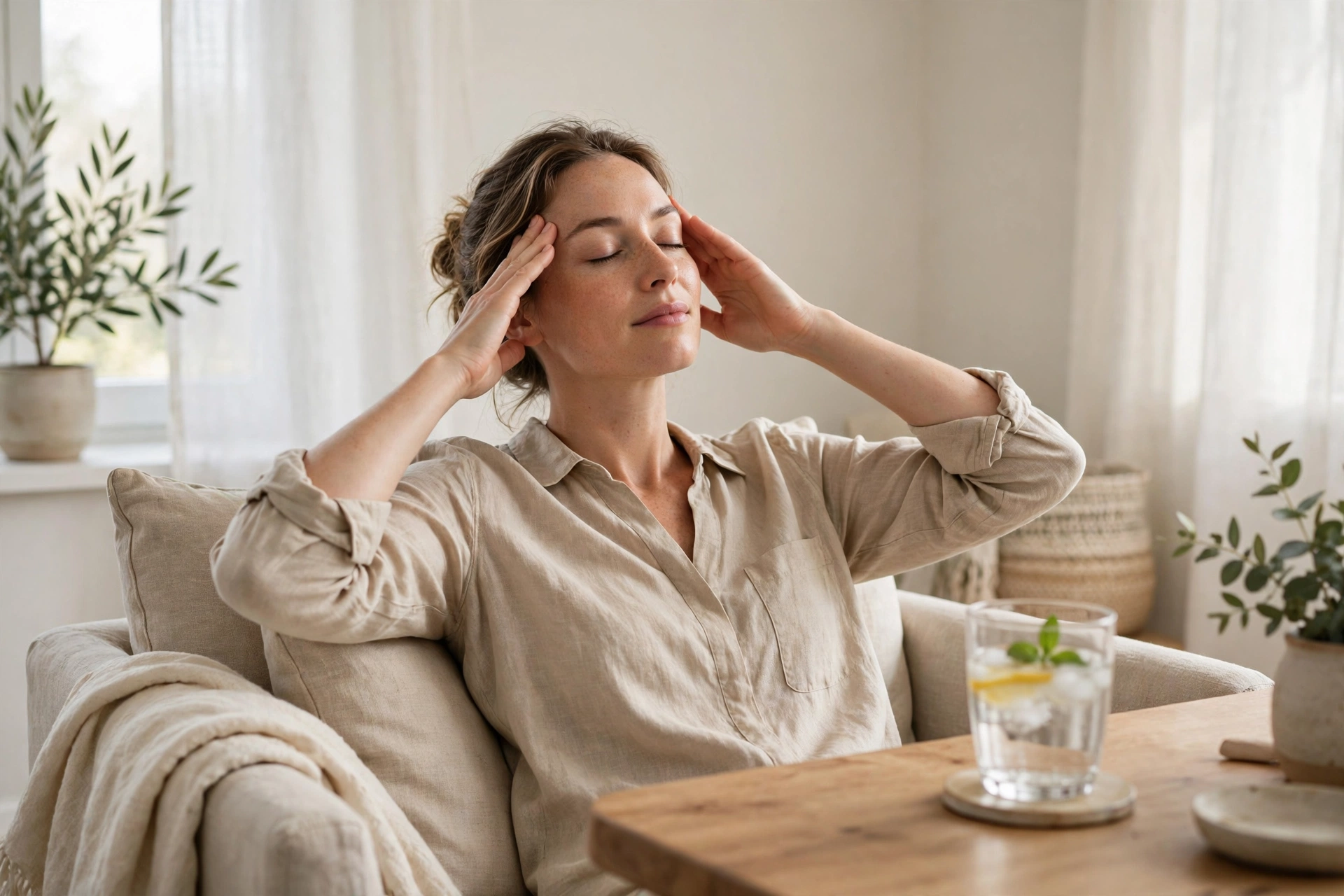 A person resting with eyes closed and hands on temples in a calm bright room with a glass of water nearby