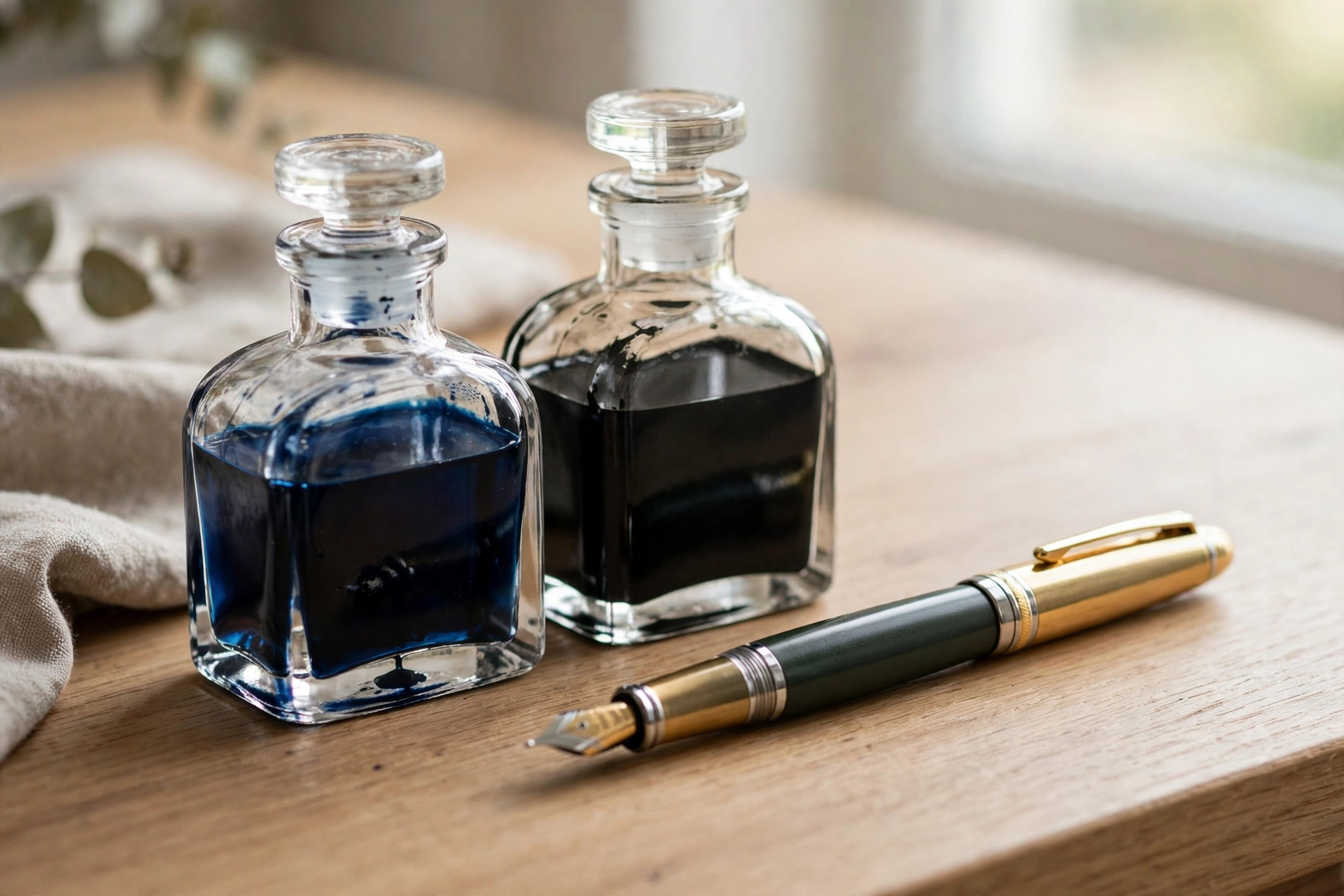 Glass bottles of blue and black fountain pen ink beside a fountain pen, illustrating how ink is made