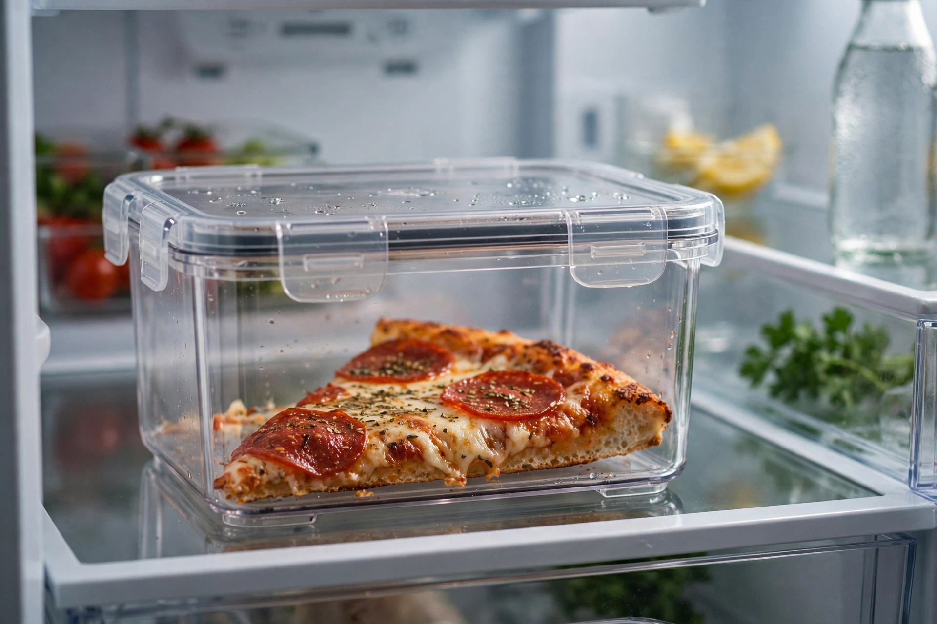 A slice of leftover pizza stored in a clear airtight container in a fridge